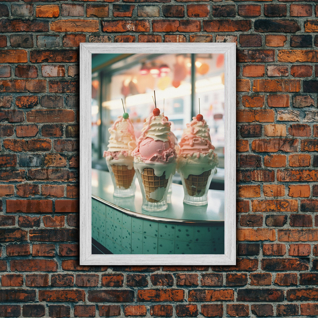 A Strawberry Sunday Kitchen Decor, Ice Cream Art, Framed Canvas Print, Ice Cream Parlor Decor, Icecream Shop Wall Art, MCM Style Decor