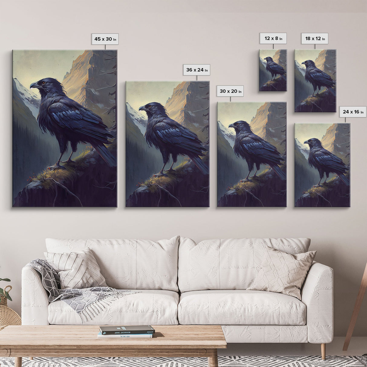 Portrait of a raven in the mountains, crow art, framed canvas print, framed wall art