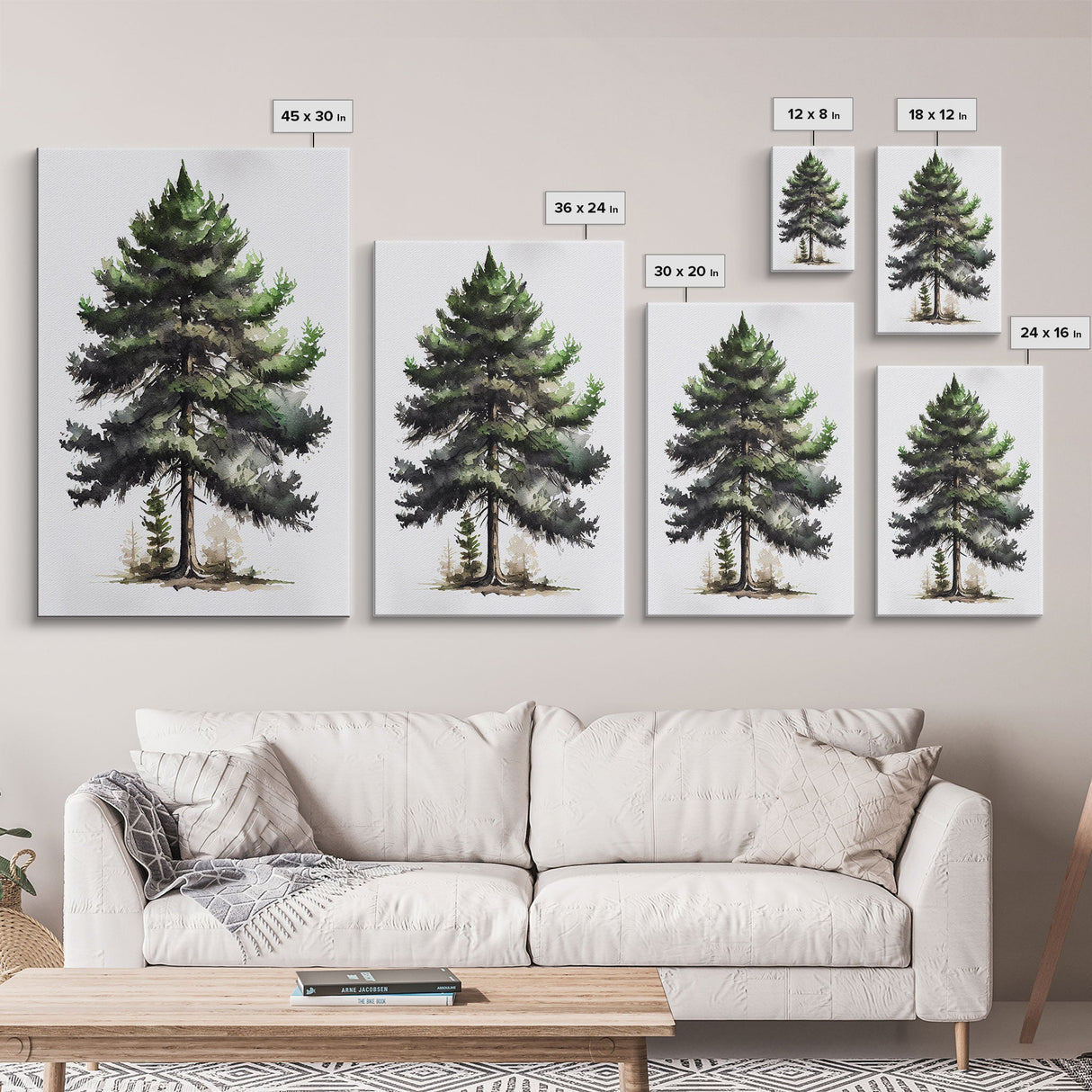 Pine Tree Watercolor Wall Art Canvas Print - Vibrant Colorful Nature Scene Artwork, lakehouse art