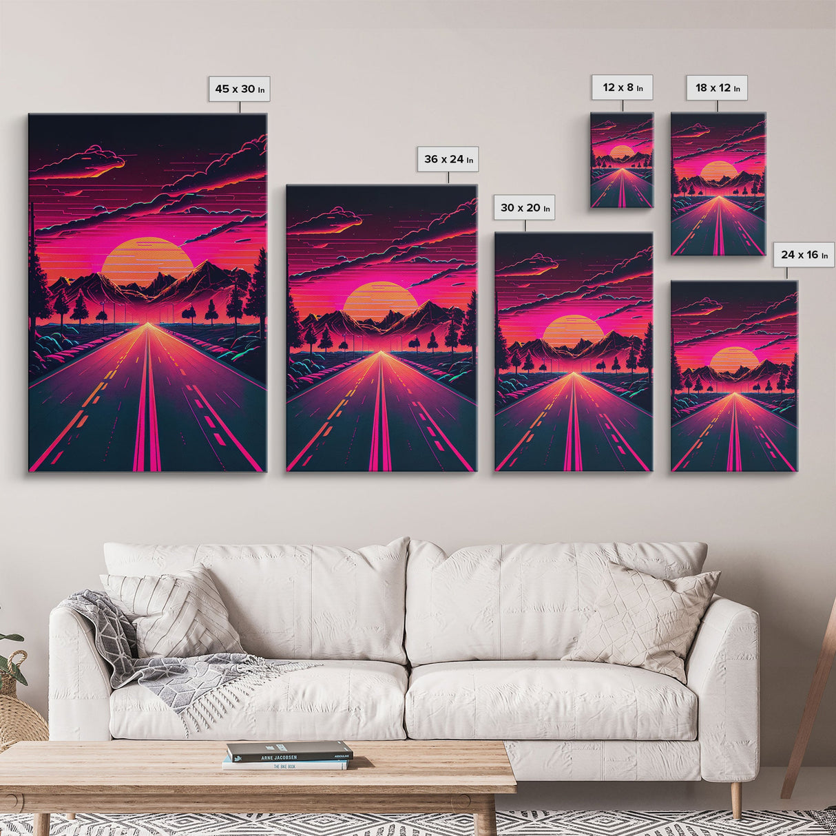 Outrun Sunset over the Arizona mountains, neon aesthetic art, framed canvas print
