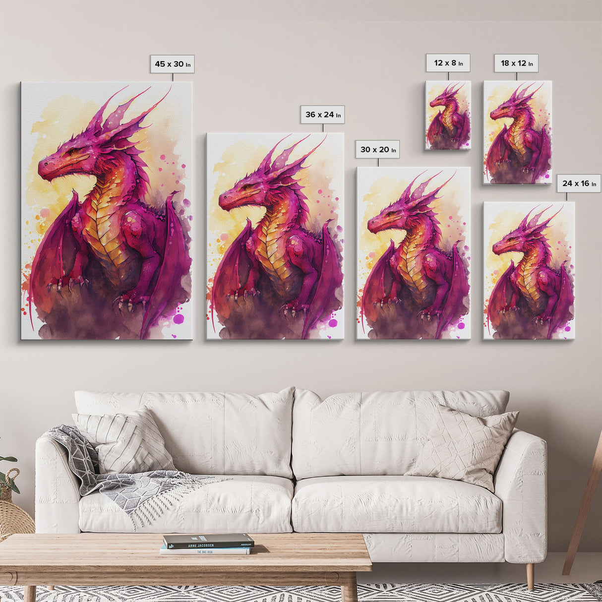 Magenta Purple Watercolor Dragon Fantasy Fine Art Print, Wall Decor, Wall Poster, Wall Art Print