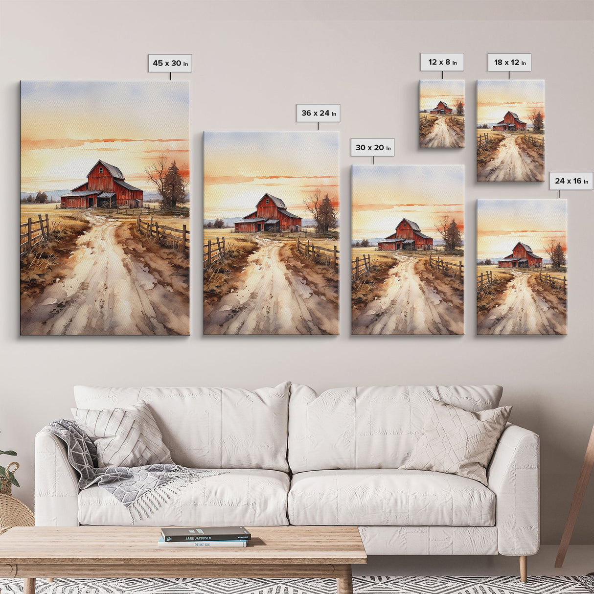 Sunset Over A Red Barn, Watercolor Painting Canvas Print, Country Poster Art, Framed Canvas, Country Roads, Rustic Farmhouse Decor