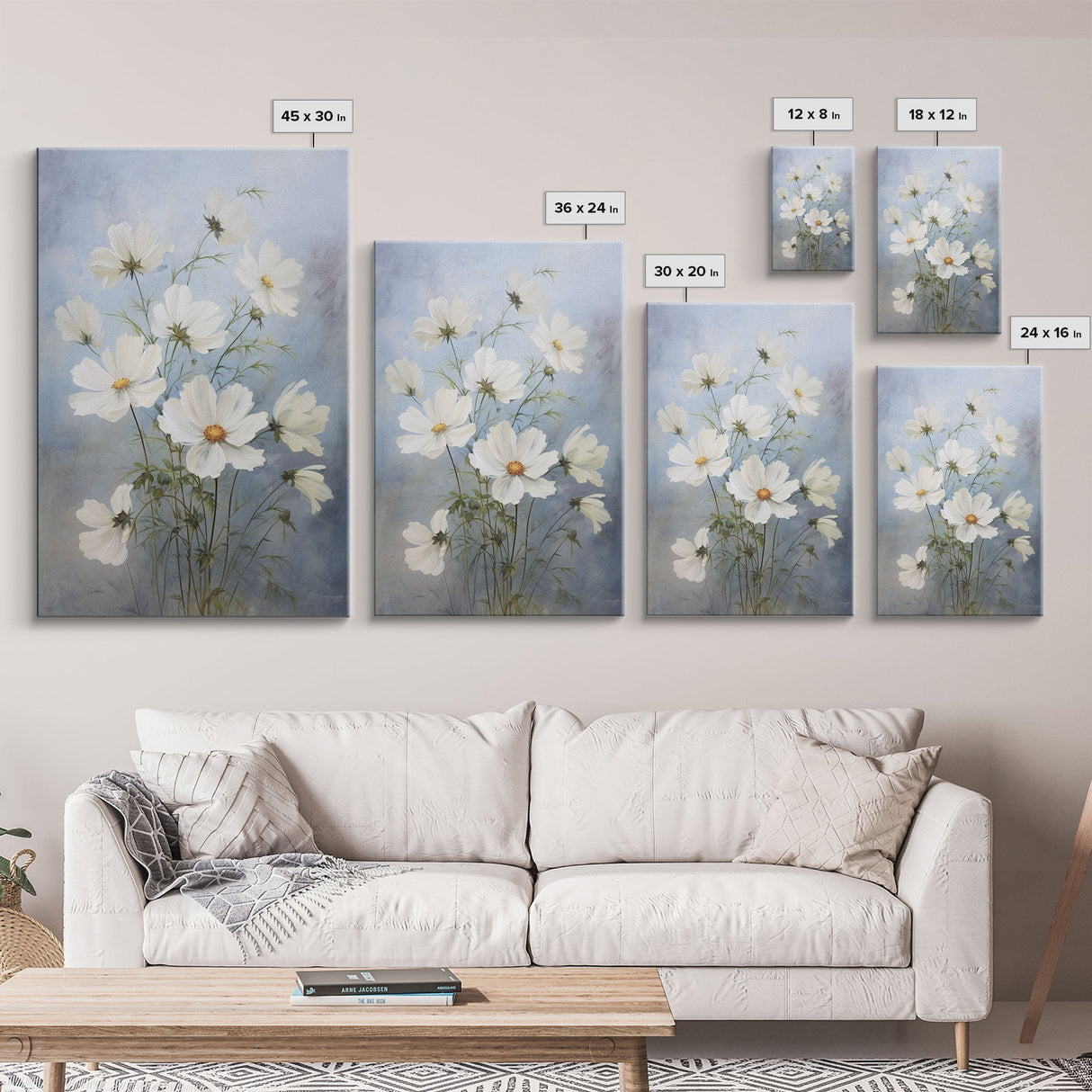 Cosmos Art Print - Framed Canvas Art - Oil Painting Poster Print - White Flowers Still Life - Small Flower Bouquet Oil Painting Wall Art