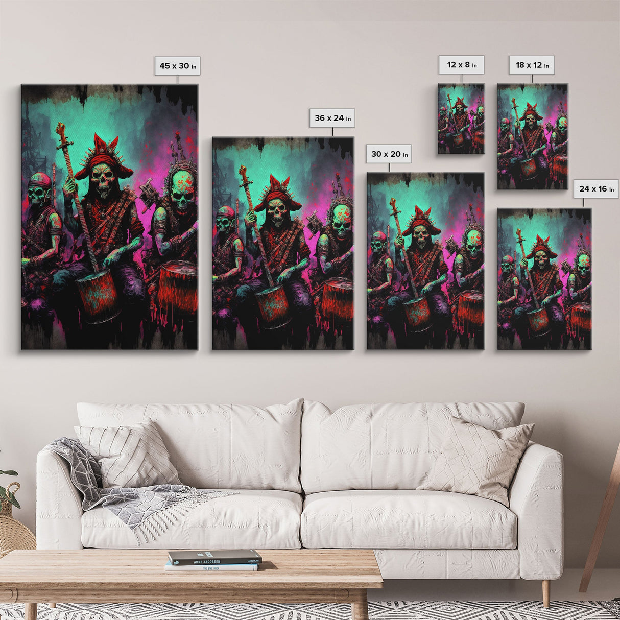 Death Metal Skeletons, Medieval Heavy Metal Undead Band Art, Framed Canvas Print, Unique Office Large Wall Art, Mancave Art