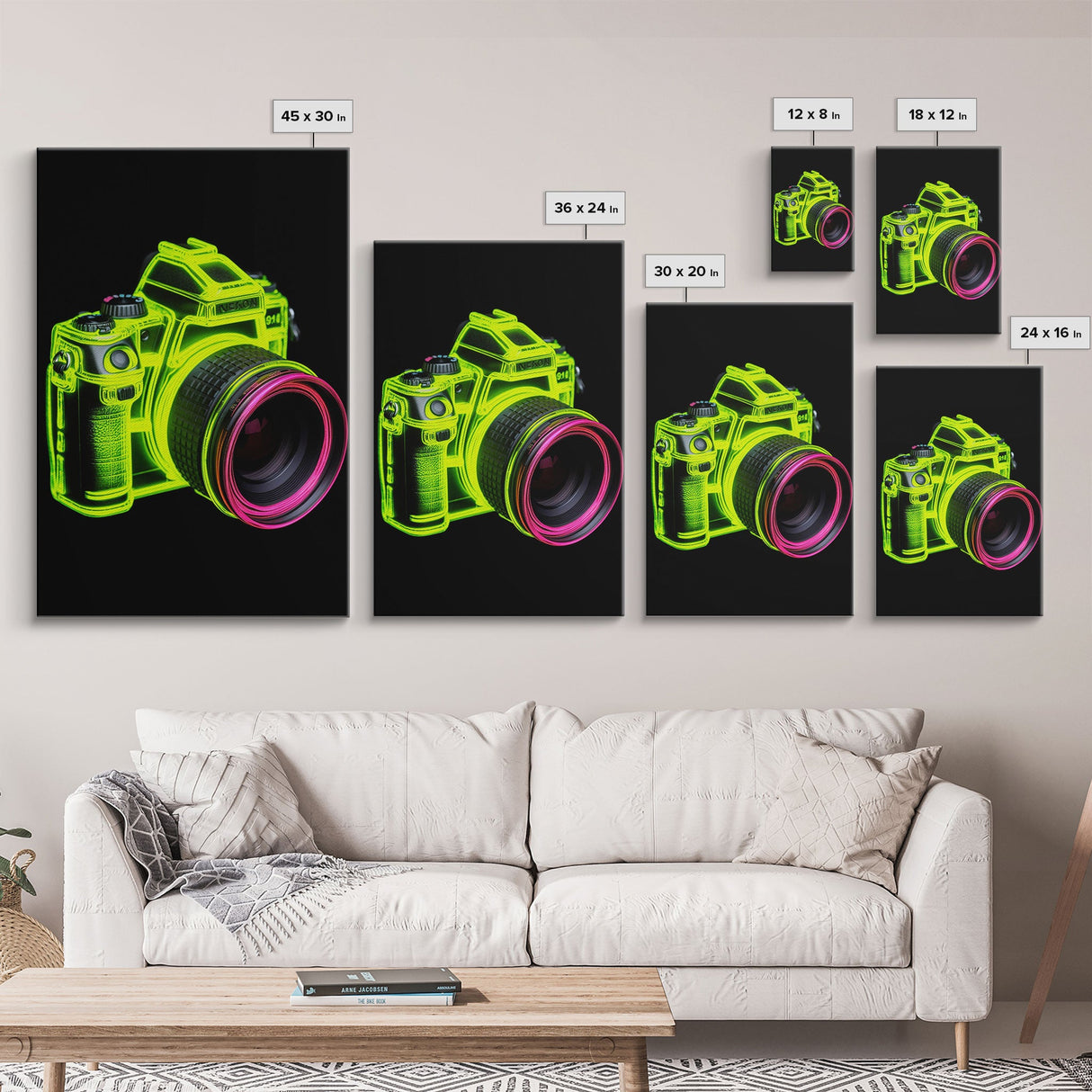 Neon Green Camera Wall Art, Neon Wall Decor, Photography Art, Minimalist Print, Wall Decor, Canvas Print, Wall Art, Framed Canvas