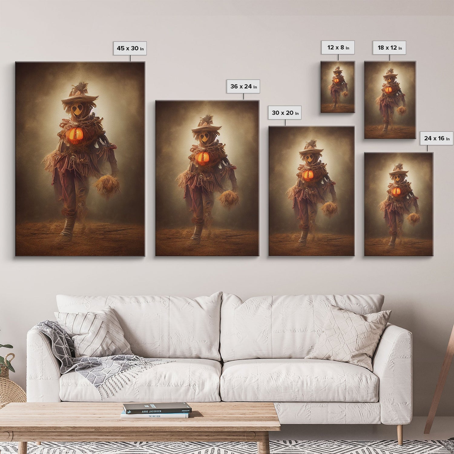 Spooky scarecrow canvas print, full moon, Halloween art, scary art