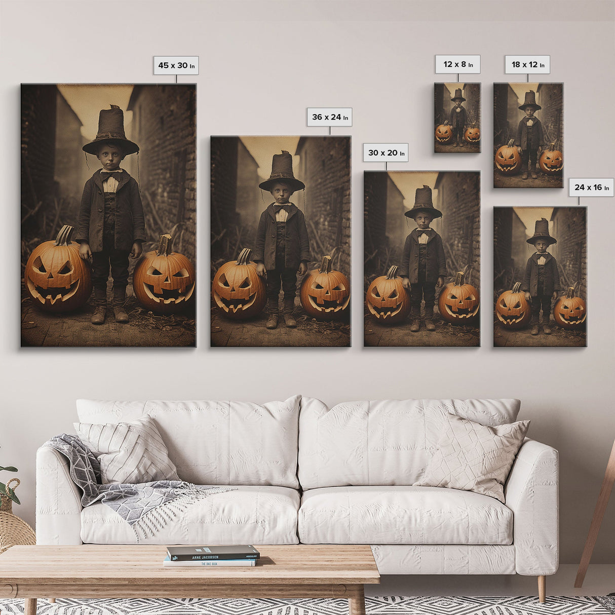 Spooky Victorian Tintype Photography, Framed Canvas Print, Halloween Art, Halloween Canvas, Pilgrim Boy and His Jack O' Lanterns