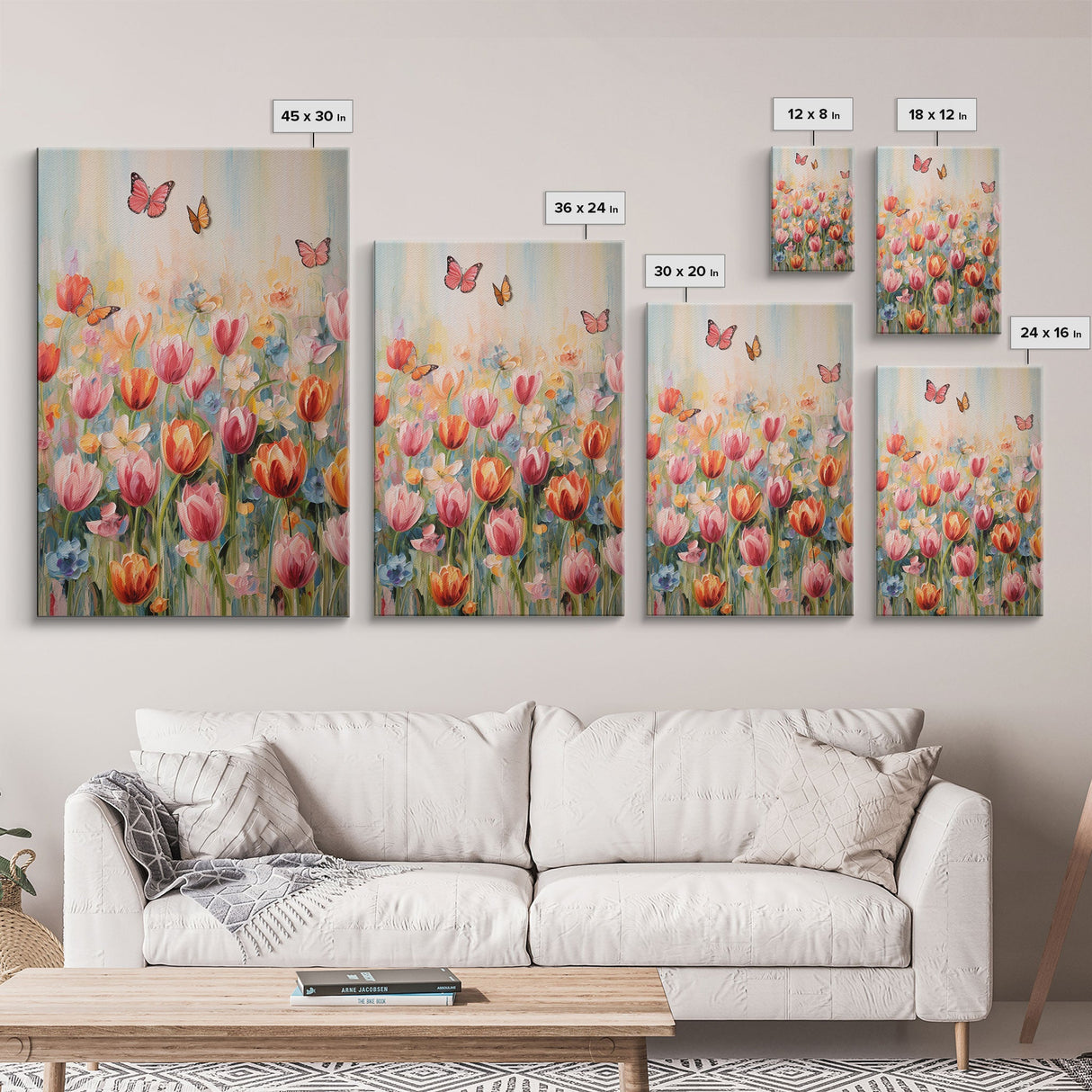 Tulip Field Wall Art, Flower Wall Print, Colorful Art, Butterfly Art, Canvas Print, Wall Art, Vertical Print, Birthday Gift, House Wall Art