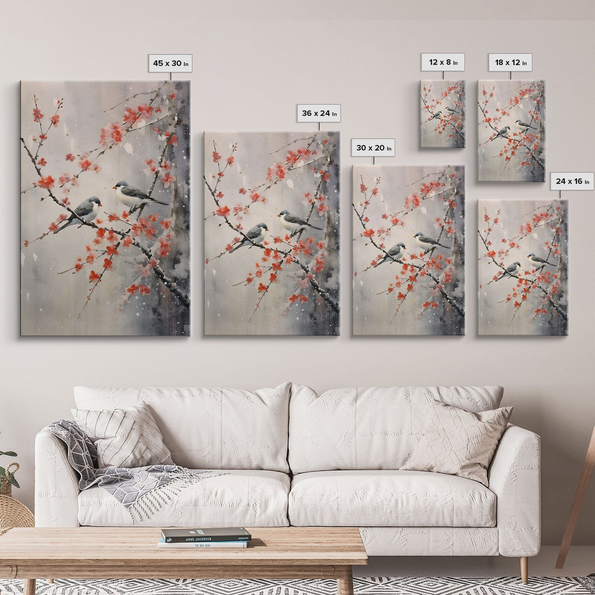 Cherry Blossom Tree, Japanese Wall Print, Bird Wall Art, Asian Art, Canvas Print, Wall Art, Vertical Print, Country Home Decor, Office Art