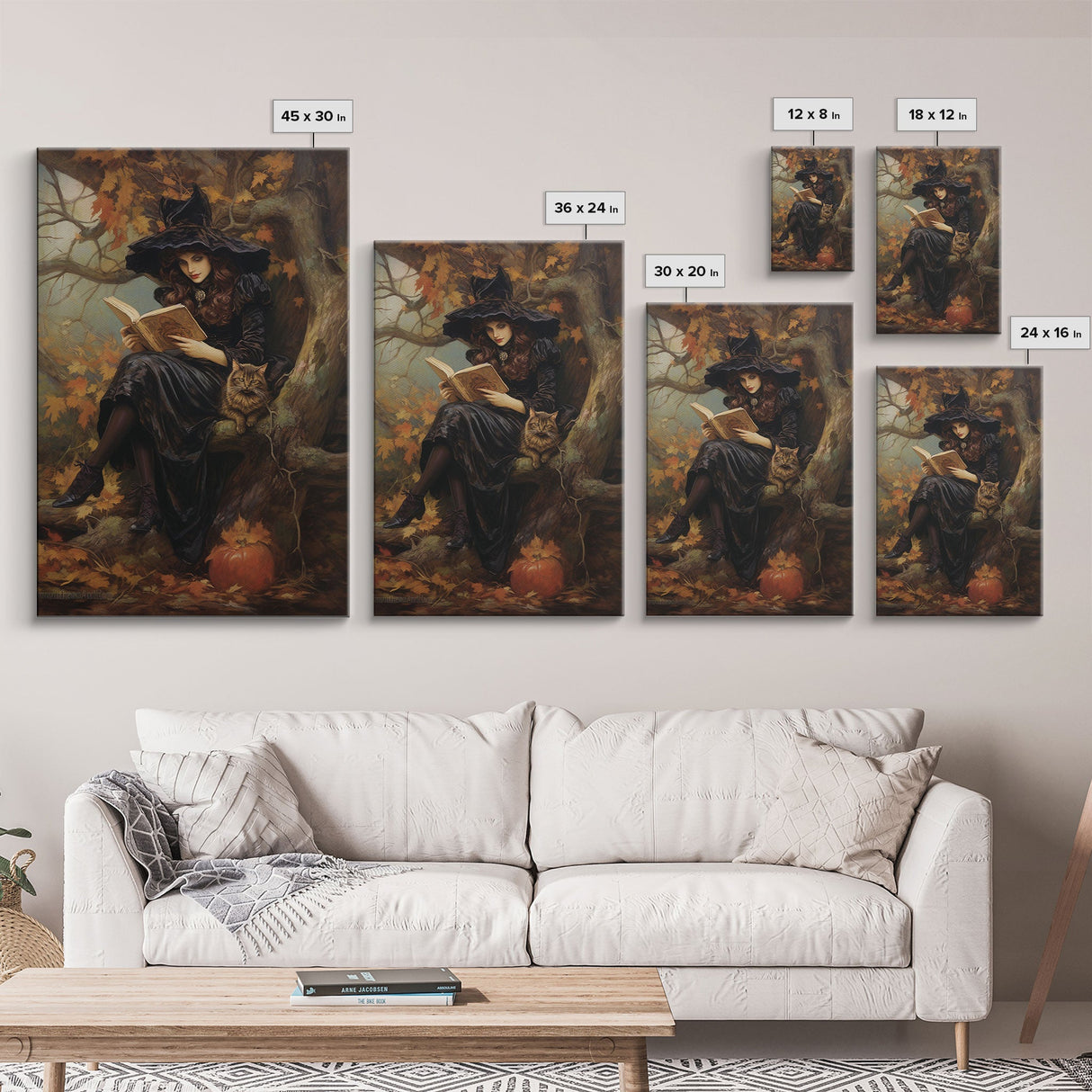 Pretty Witch Reading Spells To Her Black Cat Familiar, Vintage Halloween Art, Framed Canvas Print, Halloween Canvas Art, Witchcraft