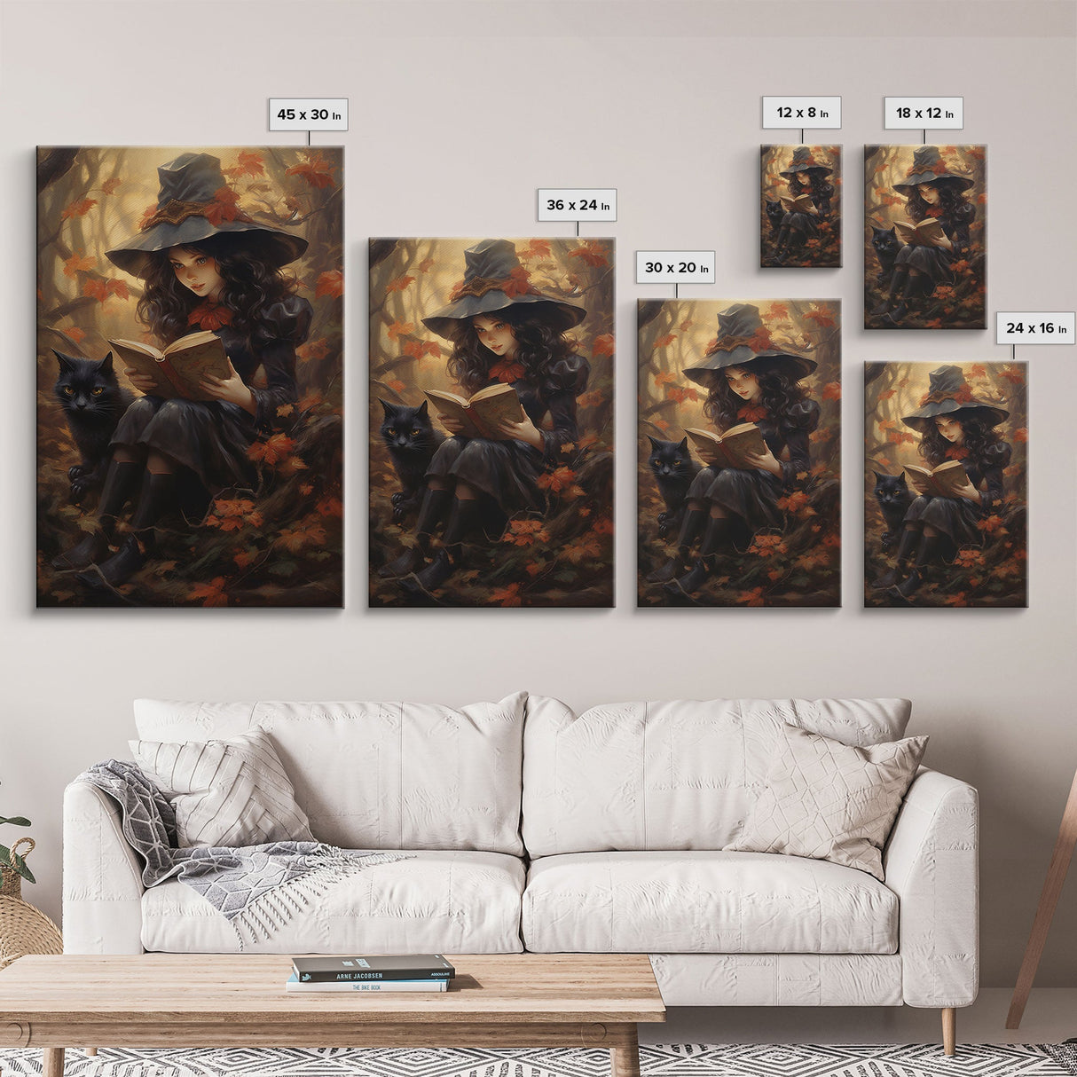 Cute Little Witch Reading Spells To Her Black Cat Familiar, Vintage Halloween Art, Framed Canvas Print, Halloween Canvas Art, Witchcraft