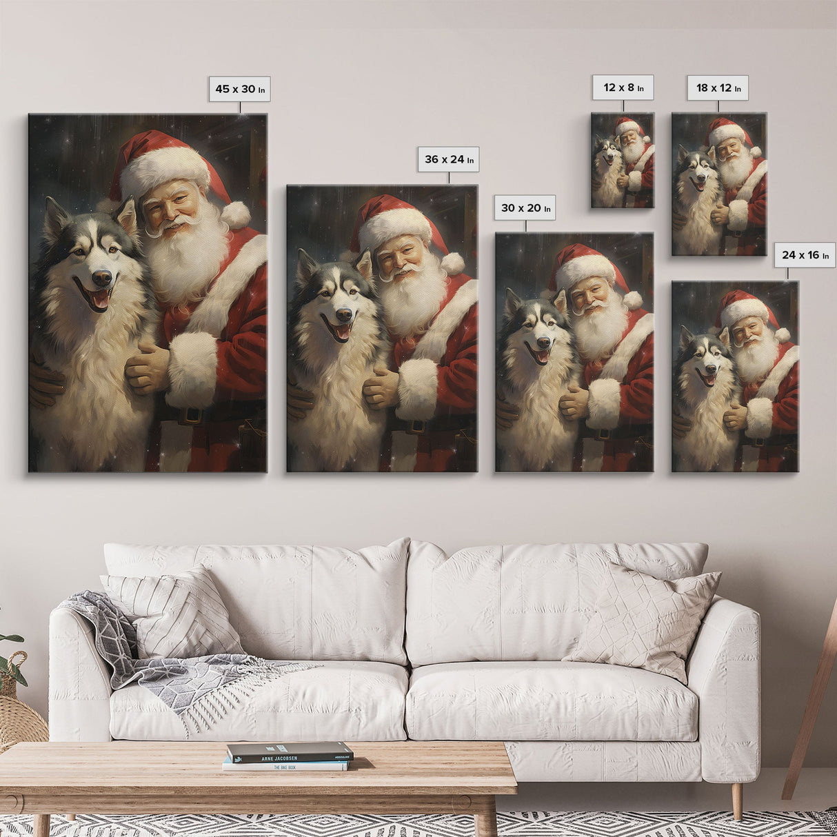 Santa Claus Holding An Alaskan Malamute, Christmas Wall Art, Dog Gift, Christmas Dog, Winter Wall Art, Santa Decor, Santa Art Print