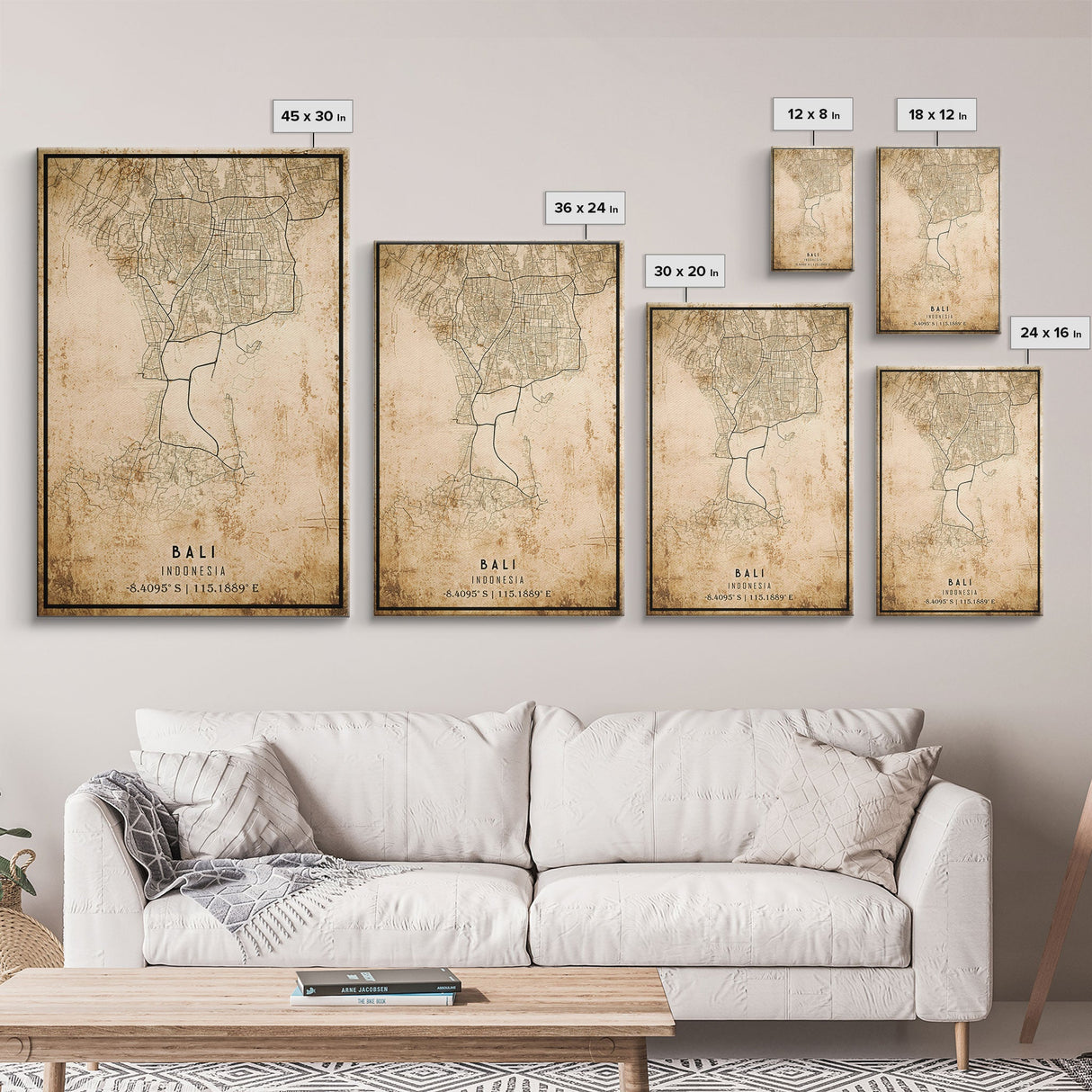 Vintage Bali Indonesia City Map Wall Art Canvas Print, Distressed Style Bali Map, Framed Wall Art, Cool Bali Travel Wall Art, Office Art