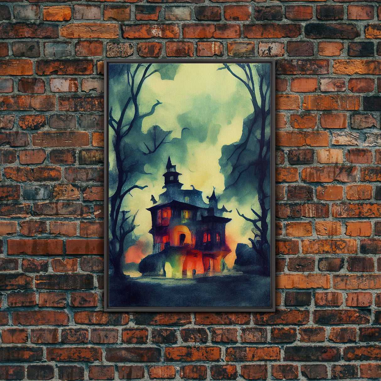Spooky Watercolor of a Haunted House, Halloween Art, Framed Canvas Print, Ready To Hang Framed Wall Art, Living Room Wall Decor