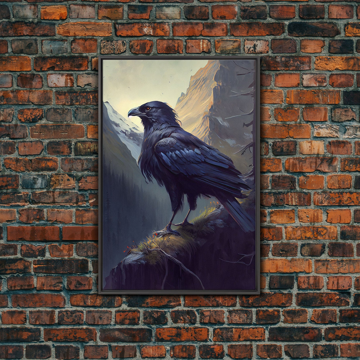 Portrait of a raven in the mountains, crow art, framed canvas print, framed wall art