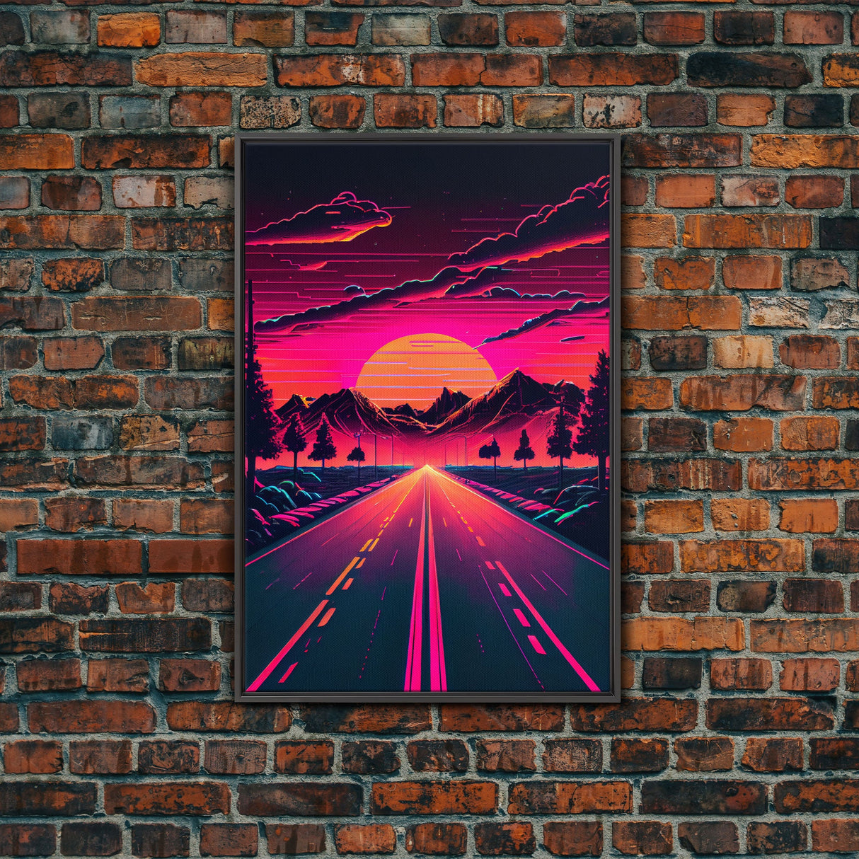 Outrun Sunset over the Arizona mountains, neon aesthetic art, framed canvas print