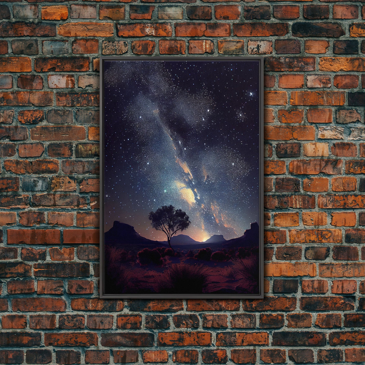 Starry night sky over the plains of Texas, beautiful farmhouse art, primitive art, framed canvas print