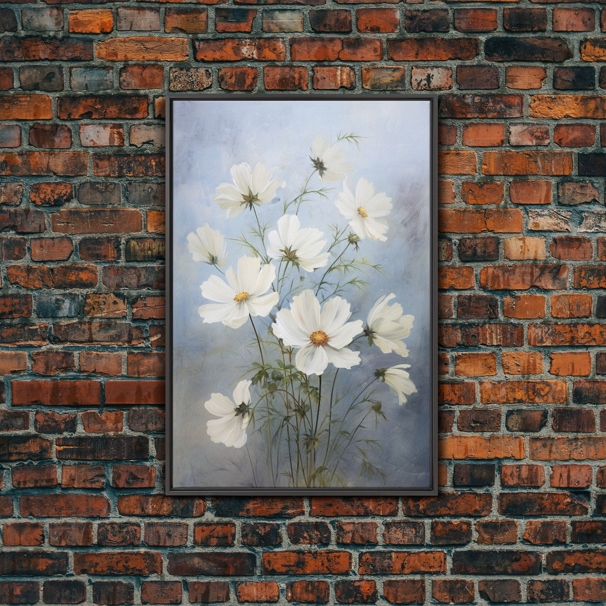 Cosmos Art Print - Framed Canvas Art - Oil Painting Poster Print - White Flowers Still Life - Small Flower Bouquet Oil Painting Wall Art