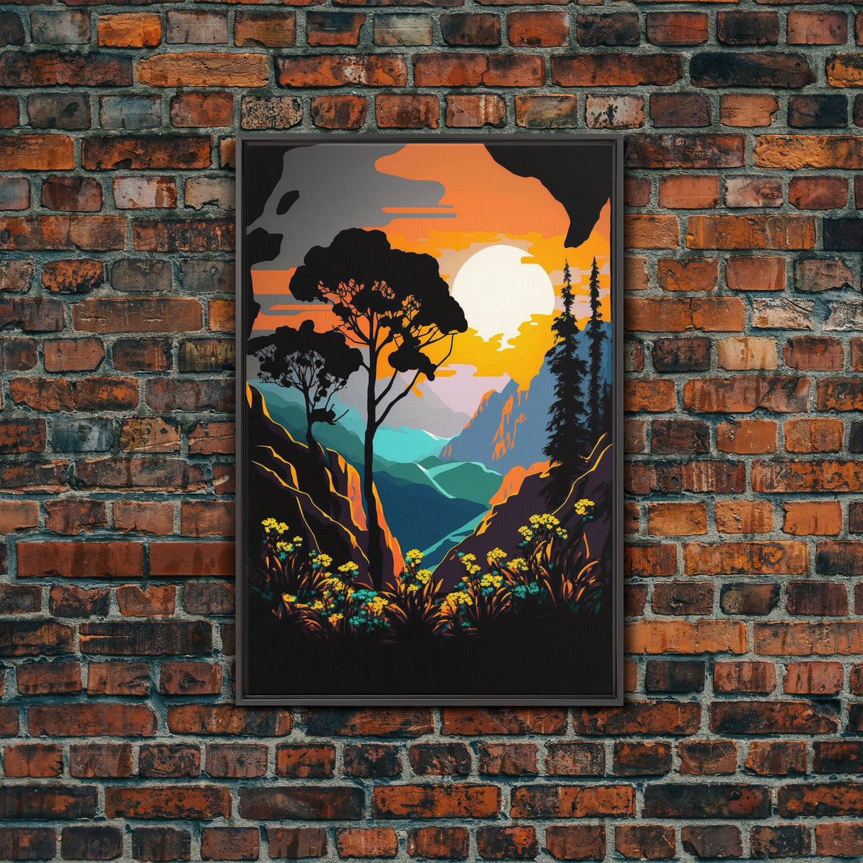 Colorful Pop Art Picture of a Mountain and Forest Landscape, Framed Canvas Print, Surrealist High Contrast Cel Shaded Landscape Art