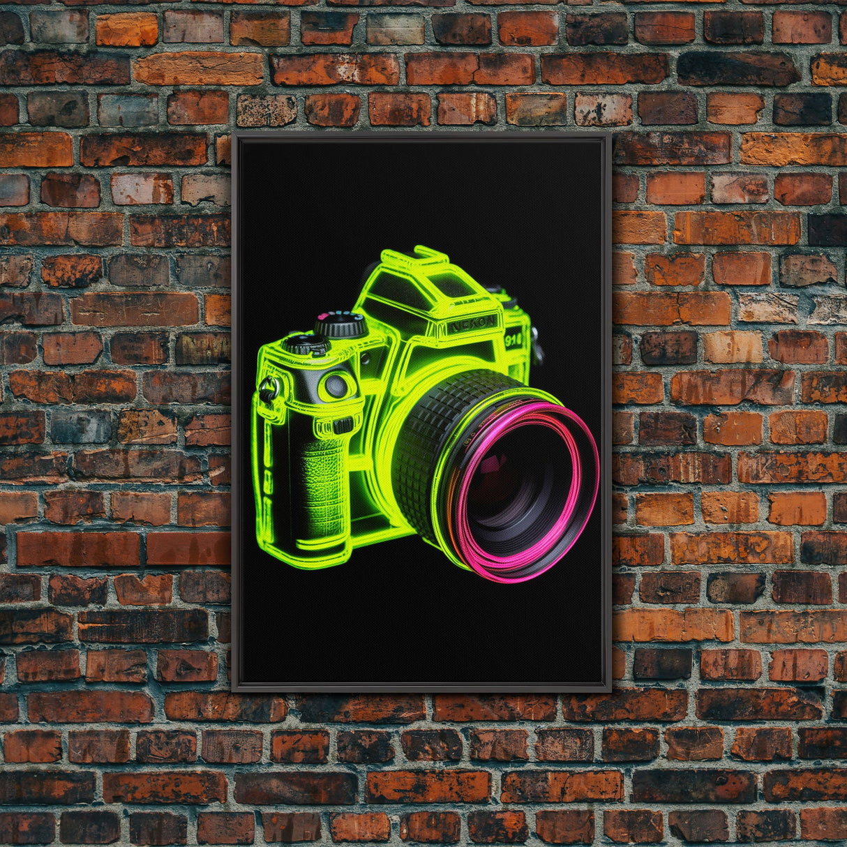 Neon Green Camera Wall Art, Neon Wall Decor, Photography Art, Minimalist Print, Wall Decor, Canvas Print, Wall Art, Framed Canvas