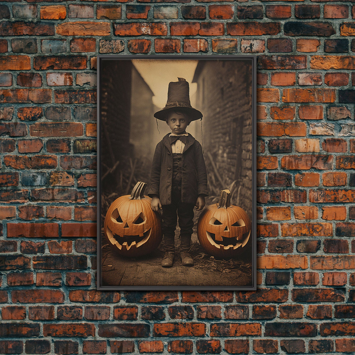 Spooky Victorian Tintype Photography, Framed Canvas Print, Halloween Art, Halloween Canvas, Pilgrim Boy and His Jack O' Lanterns