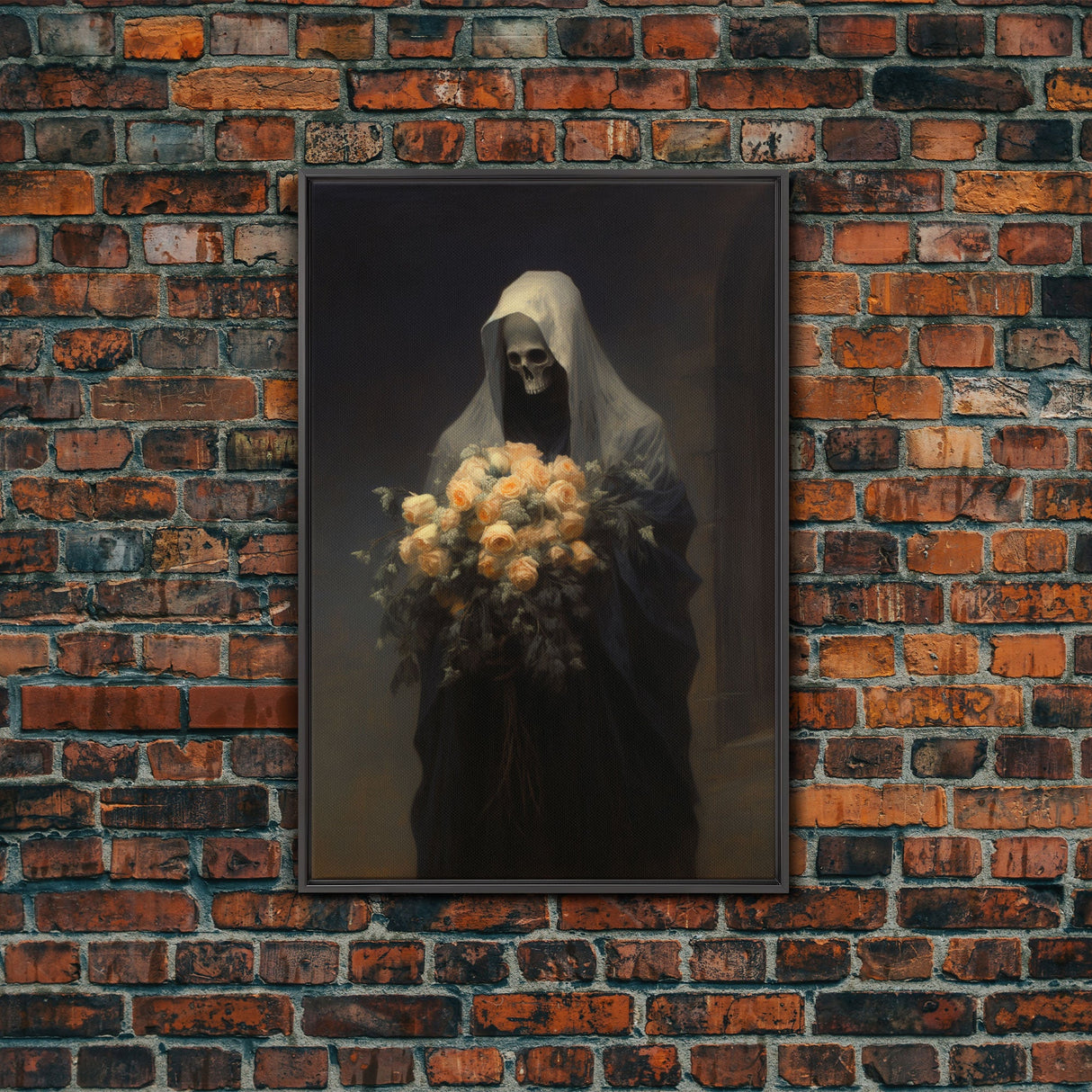 Grim Reaper, Flower Deliveryman, Gothic Halloween Decor, Framed Canvas Print, Scary Horror Art, Goth Decor, Oil Painting, Dark Academia