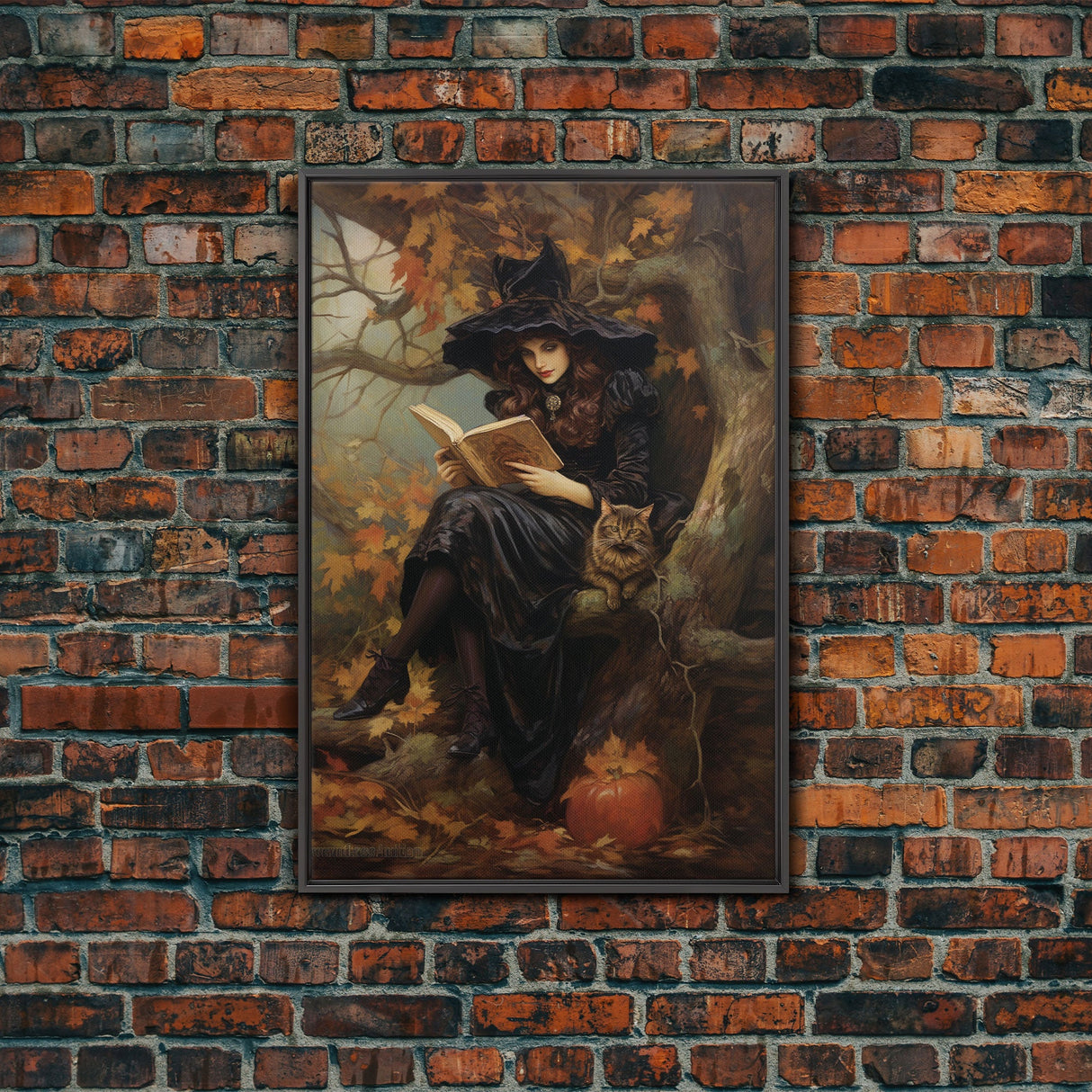 Pretty Witch Reading Spells To Her Black Cat Familiar, Vintage Halloween Art, Framed Canvas Print, Halloween Canvas Art, Witchcraft