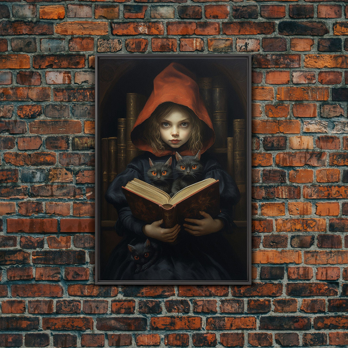 The Little Witch and Her Familiars, Black Cat Halloween Art, Gothic Victorian Dark Academia Witch Portrait, Witchcraft, With Decor