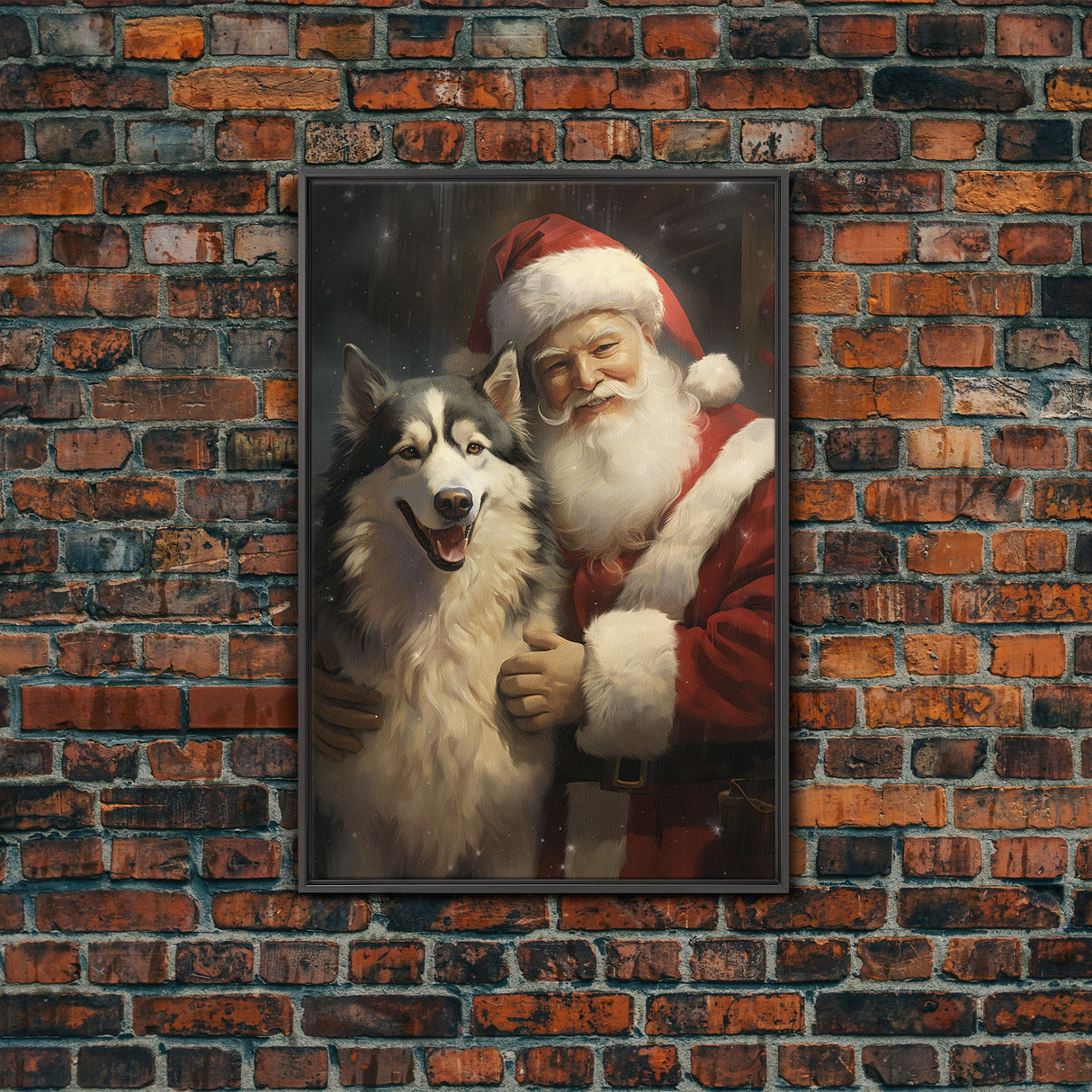 Santa Claus Holding An Alaskan Malamute, Christmas Wall Art, Dog Gift, Christmas Dog, Winter Wall Art, Santa Decor, Santa Art Print