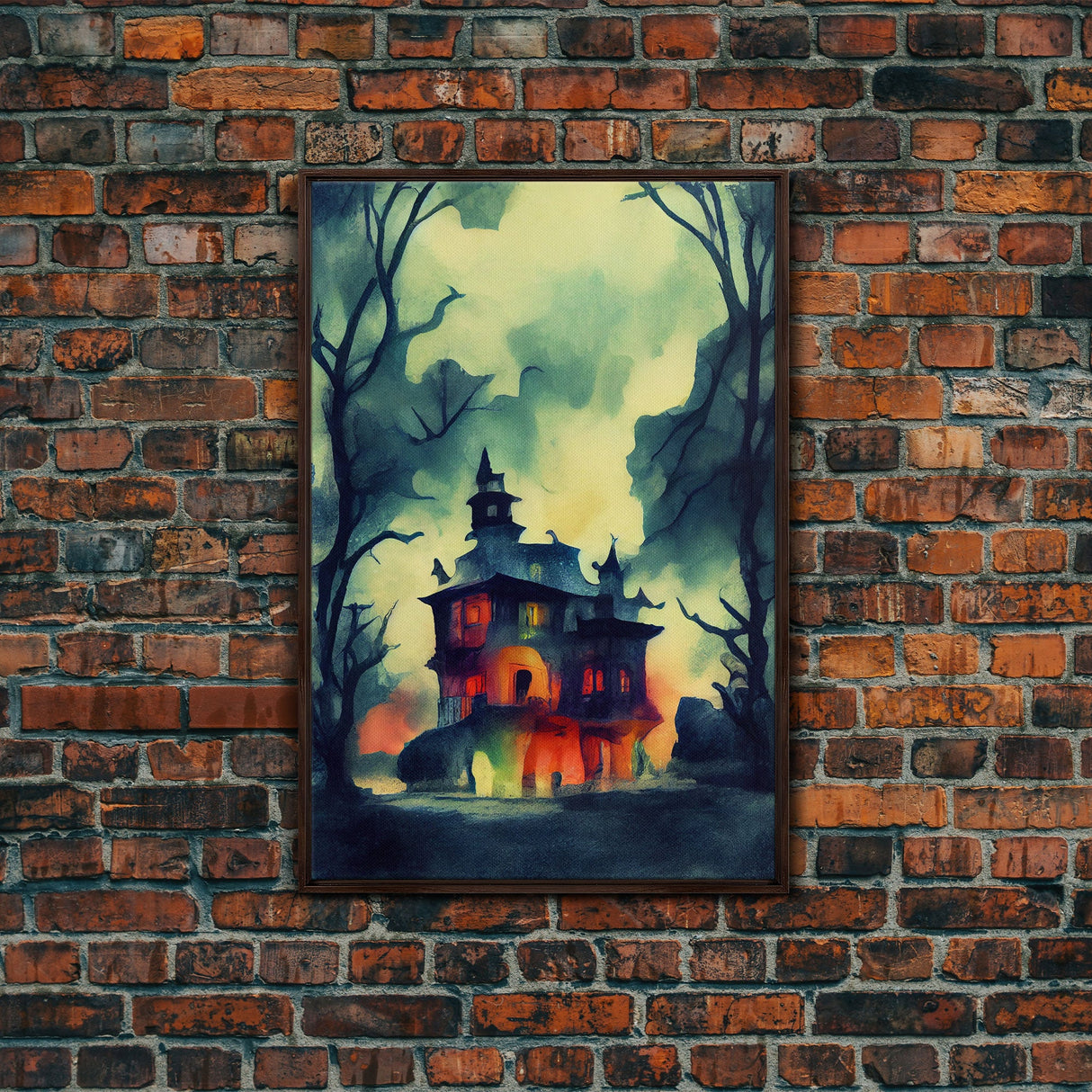 Spooky Watercolor of a Haunted House, Halloween Art, Framed Canvas Print, Ready To Hang Framed Wall Art, Living Room Wall Decor