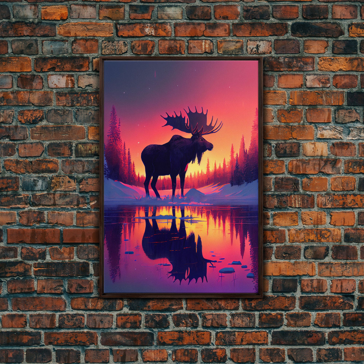 Moose of Canada, retrowave inspired Nature art, framed canvas print, cabin art, colorful farmhouse decor