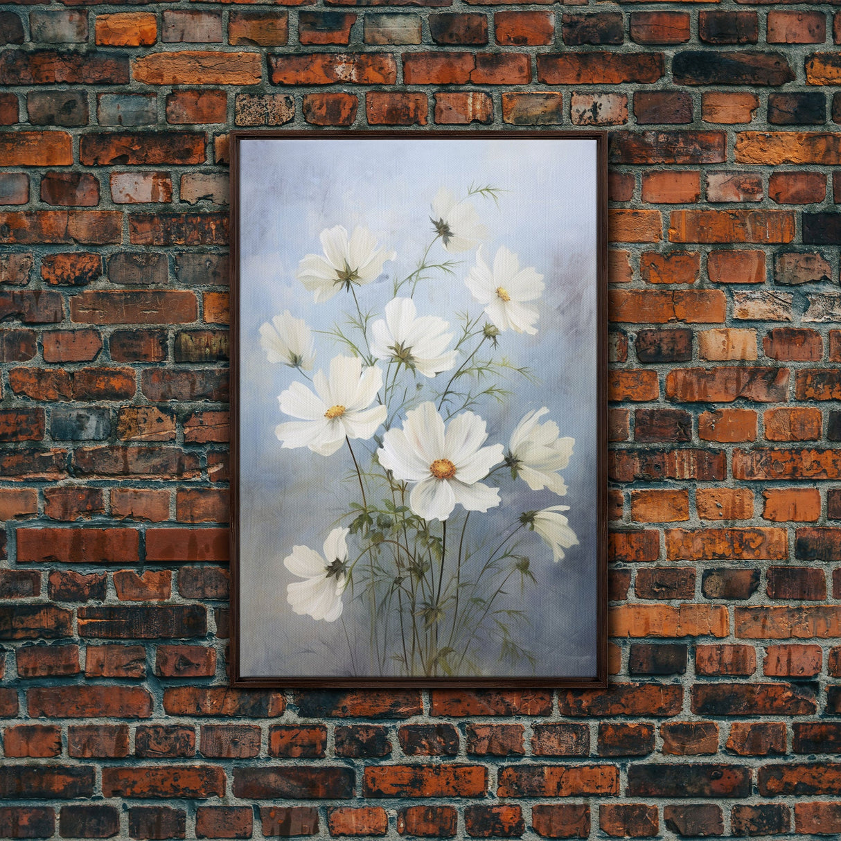 Cosmos Art Print - Framed Canvas Art - Oil Painting Poster Print - White Flowers Still Life - Small Flower Bouquet Oil Painting Wall Art