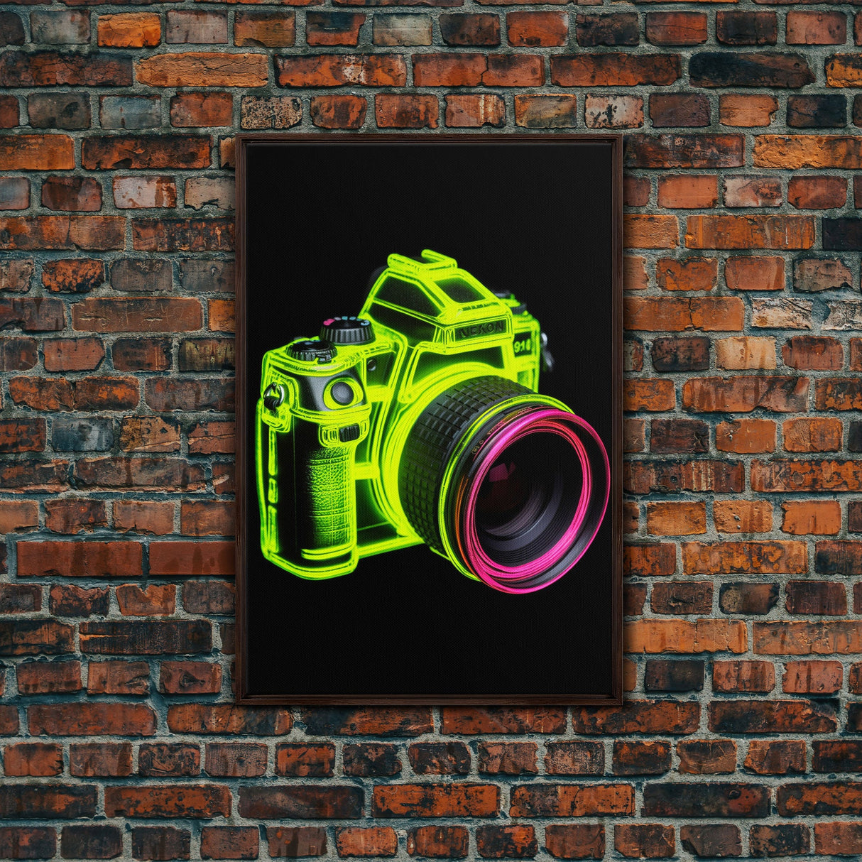 Neon Green Camera Wall Art, Neon Wall Decor, Photography Art, Minimalist Print, Wall Decor, Canvas Print, Wall Art, Framed Canvas