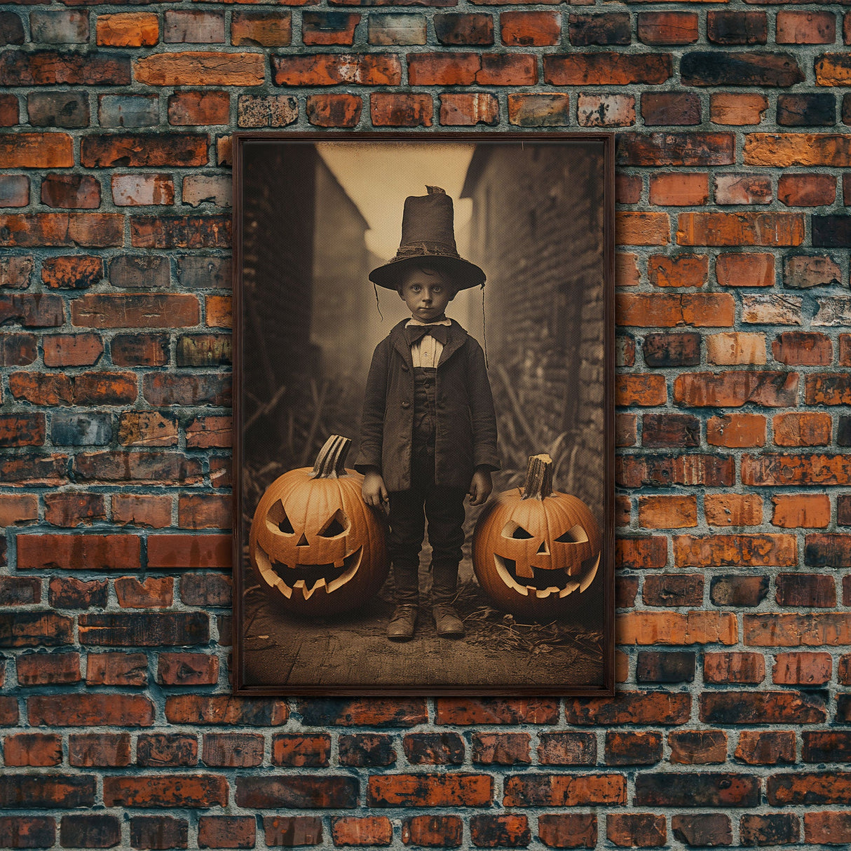 Spooky Victorian Tintype Photography, Framed Canvas Print, Halloween Art, Halloween Canvas, Pilgrim Boy and His Jack O' Lanterns