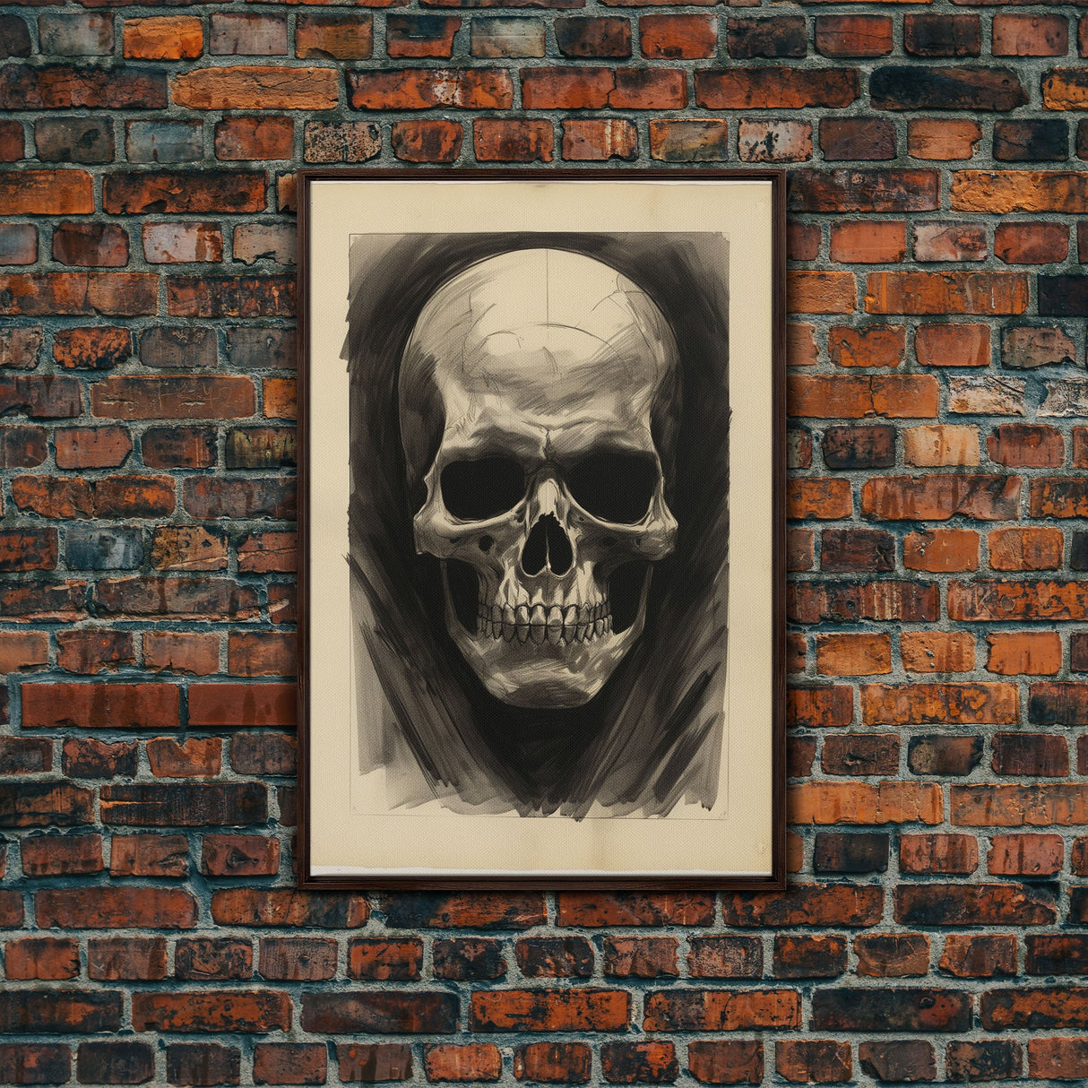 Charcoal Drawing, Human Skull, Gothic Art Print, Spooky Decor, Canvas Print, Wall Art, Vertical Art, Gaming Wall Decor, Office Wall Decor