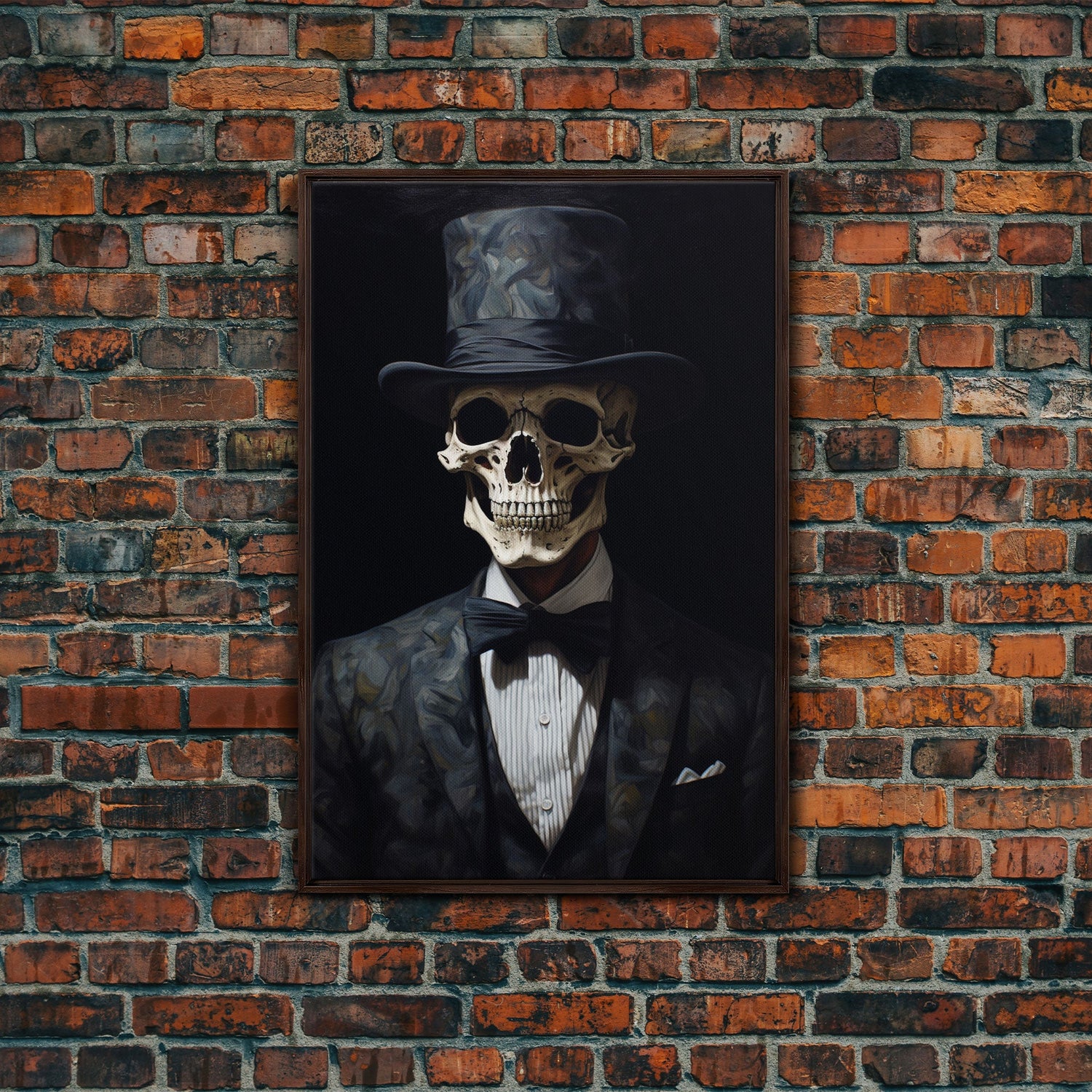 Skeleton In A Bowler Hat, Renaissance Skeleton, Framed Canvas Print, Gothic Halloween Decor, 1920s Style Art Deco Horror Art