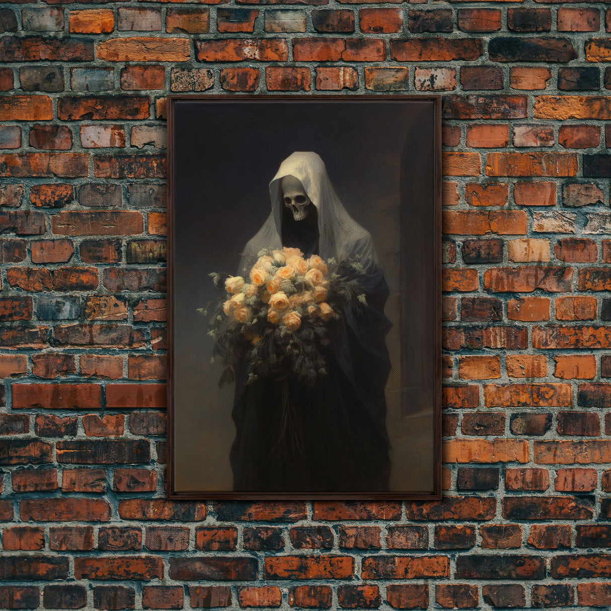 Grim Reaper, Flower Deliveryman, Gothic Halloween Decor, Framed Canvas Print, Scary Horror Art, Goth Decor, Oil Painting, Dark Academia