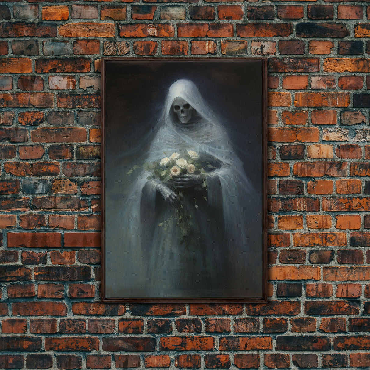 Grim Reaper Holding Flowers, Gothic Halloween Decor, Framed Canvas Print, Scary Horror Art, Goth Decor, Oil Painting, Dark Academia