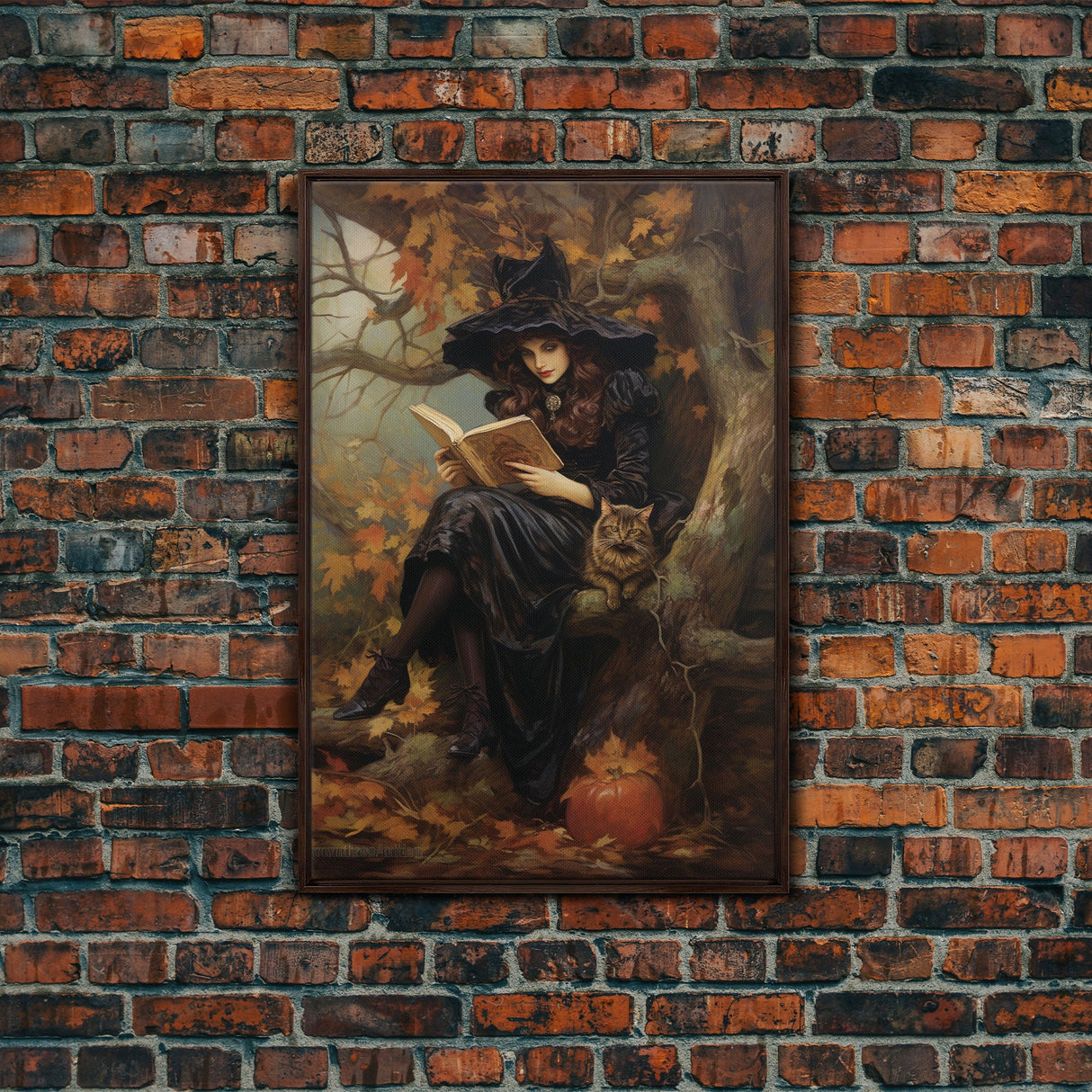 Pretty Witch Reading Spells To Her Black Cat Familiar, Vintage Halloween Art, Framed Canvas Print, Halloween Canvas Art, Witchcraft