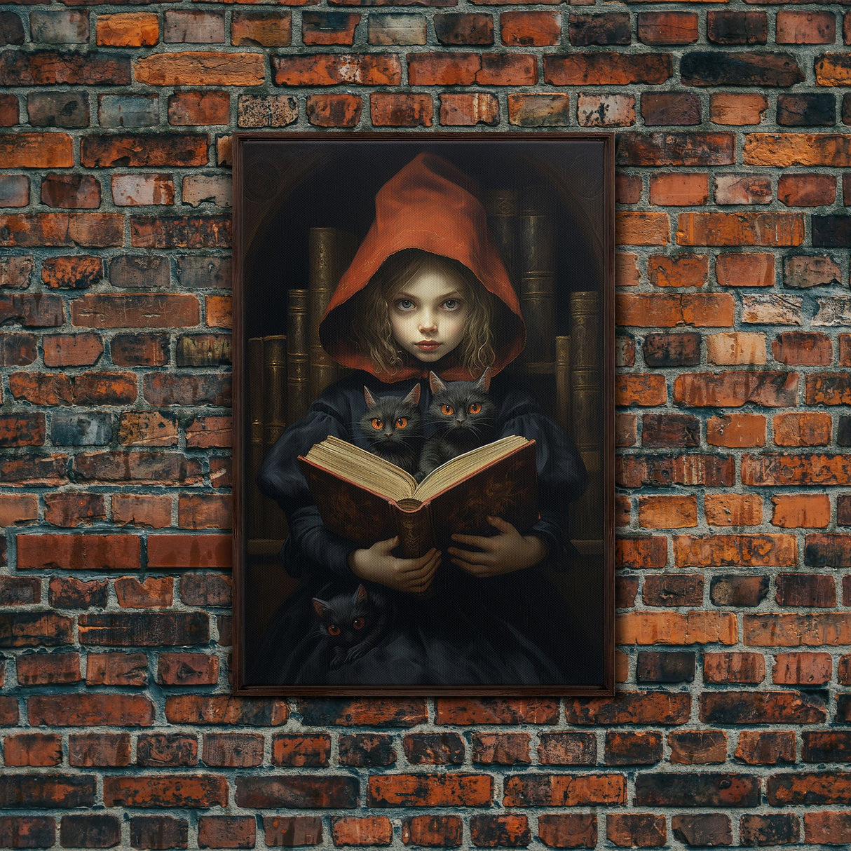 The Little Witch and Her Familiars, Black Cat Halloween Art, Gothic Victorian Dark Academia Witch Portrait, Witchcraft, With Decor