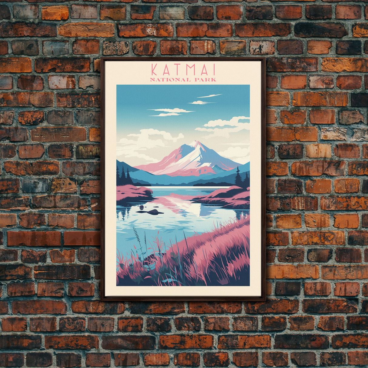 Katmai National Park Alaska Travel Art, National Park Print, Minimalist Travel Art, Midcentury Modern Style Landscape Painting