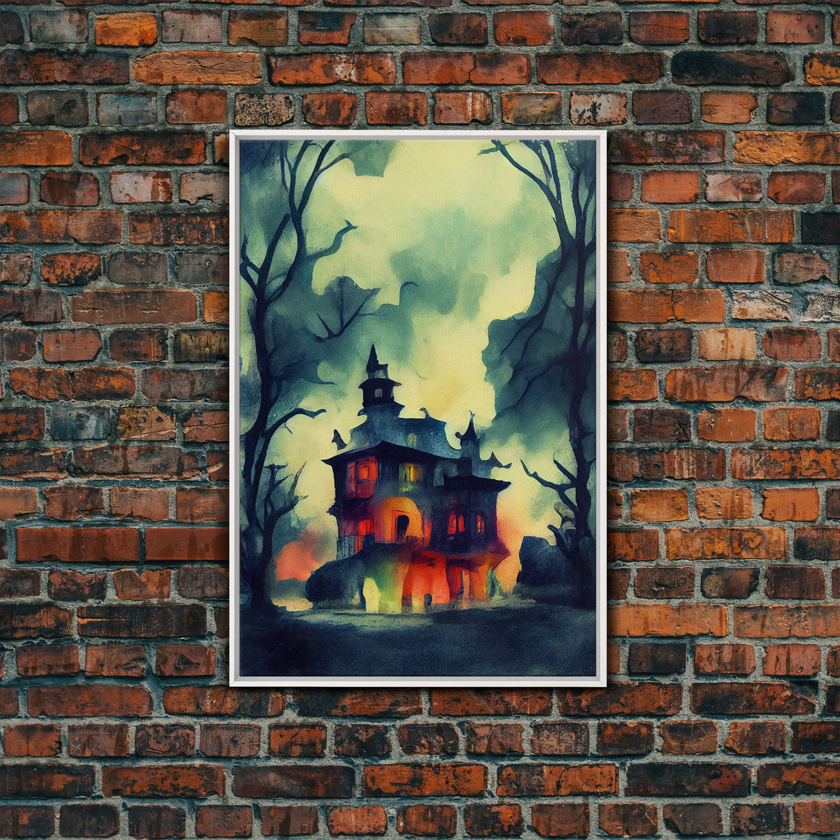 Spooky Watercolor of a Haunted House, Halloween Art, Framed Canvas Print, Ready To Hang Framed Wall Art, Living Room Wall Decor