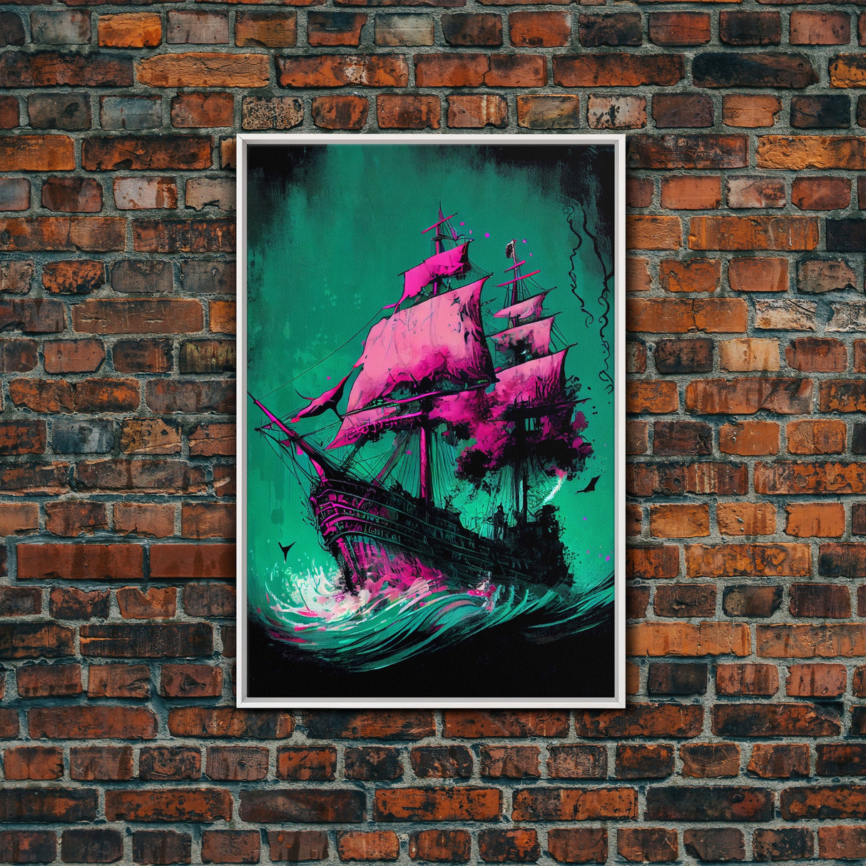 Watercolor of a haunted ghost pirate ship, framed canvas print wall art