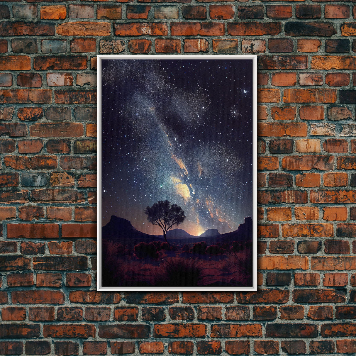 Starry night sky over the plains of Texas, beautiful farmhouse art, primitive art, framed canvas print