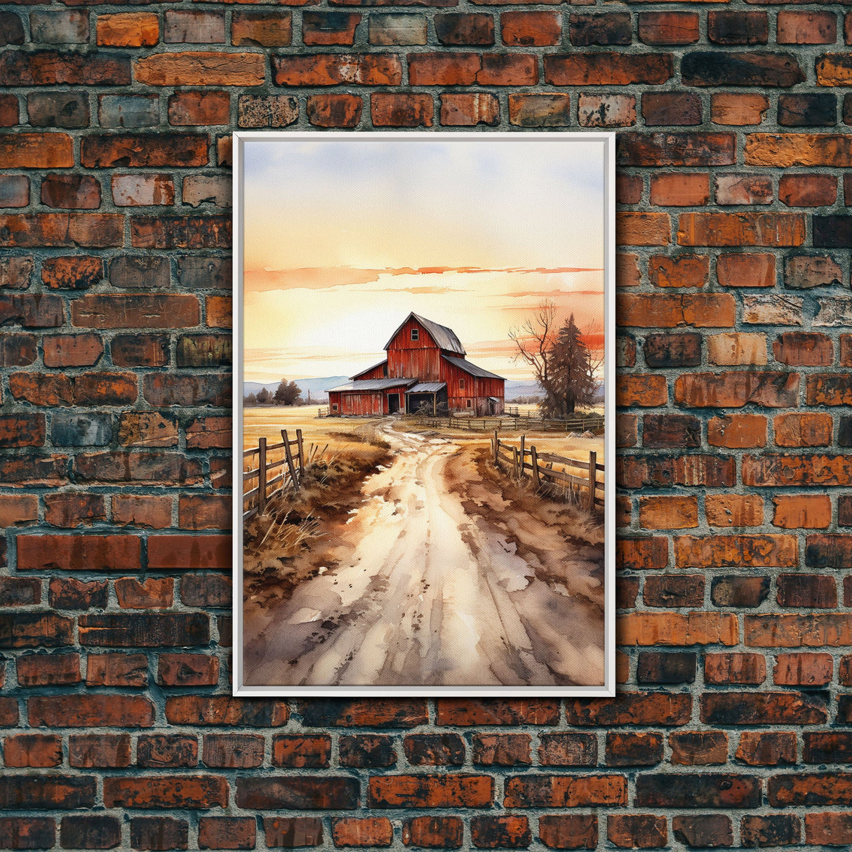 Sunset Over A Red Barn, Watercolor Painting Canvas Print, Country Poster Art, Framed Canvas, Country Roads, Rustic Farmhouse Decor