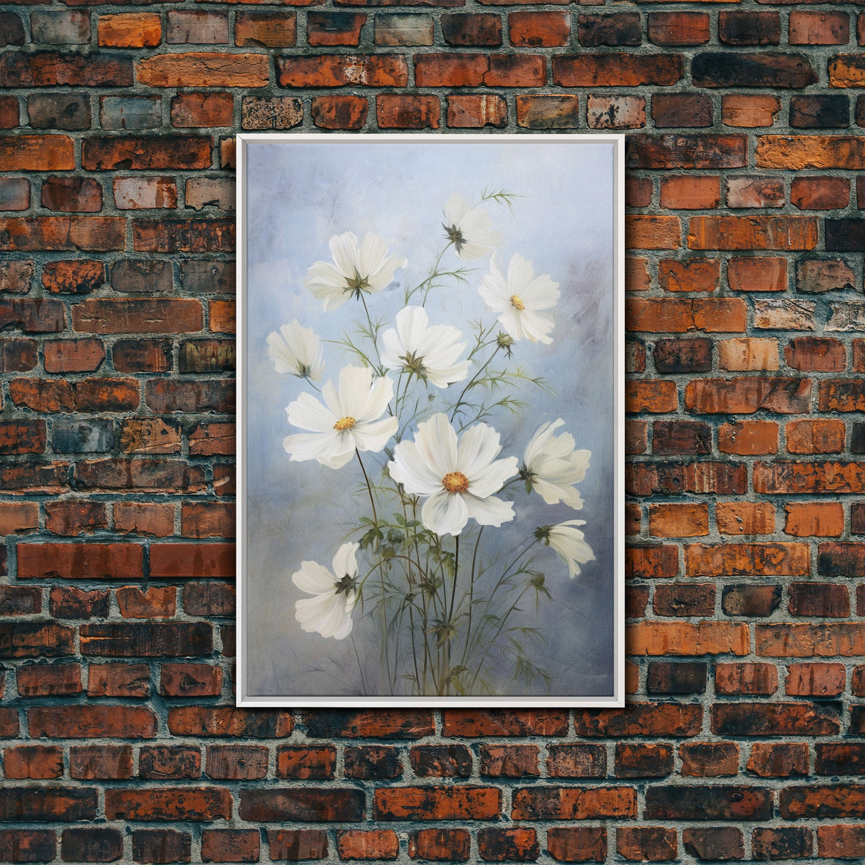 Cosmos Art Print - Framed Canvas Art - Oil Painting Poster Print - White Flowers Still Life - Small Flower Bouquet Oil Painting Wall Art