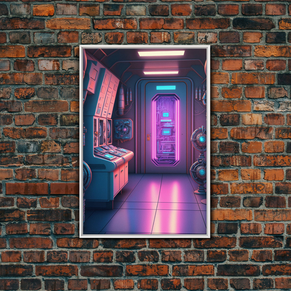 Vaporwave Futuristic Cyberpunk Space Ship Control Room, Framed Canvas Print, Scifi Art