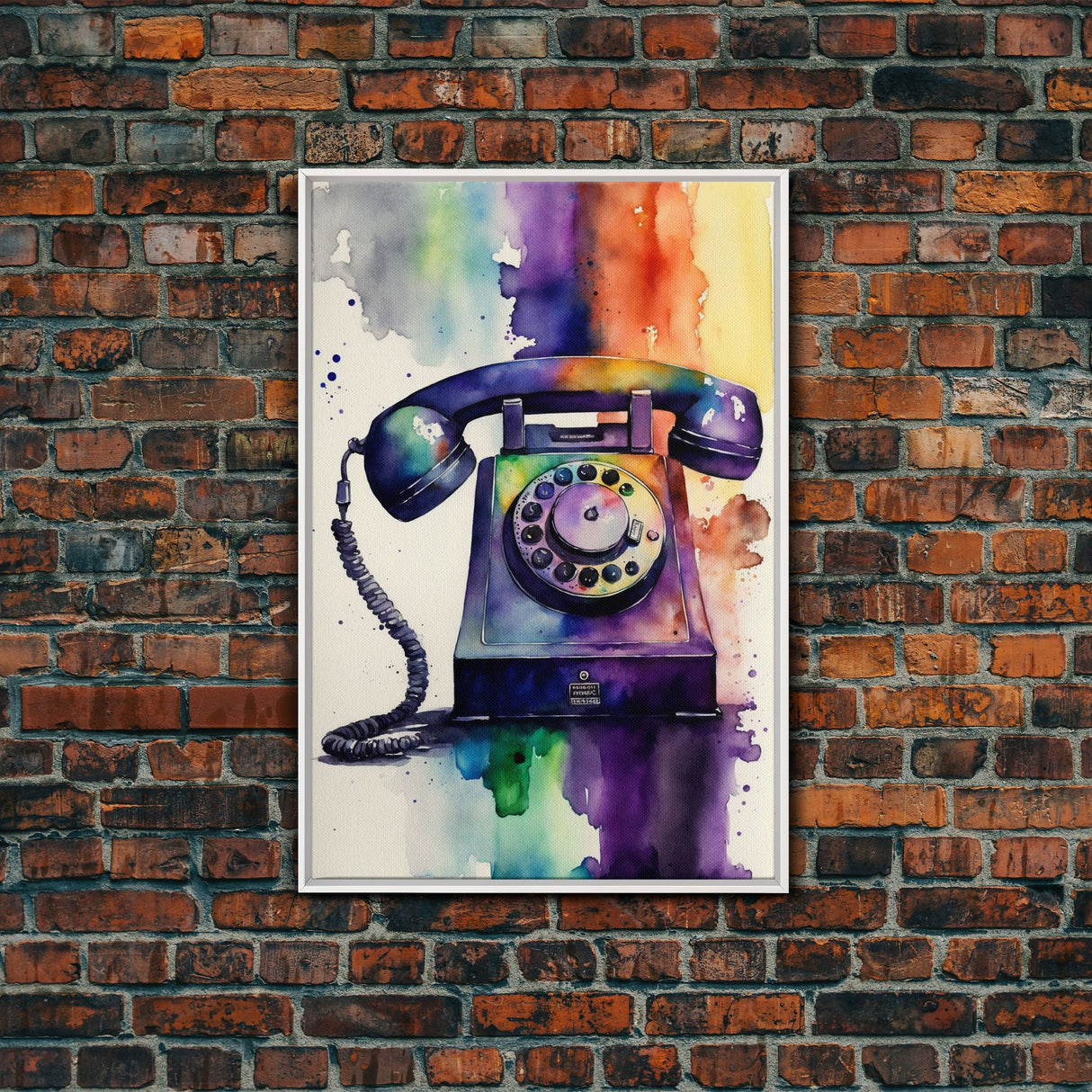 Retro Rotary Phone Art, Watercolor, Framed Canvas Print, Large Wall Art, Retro Style Decor