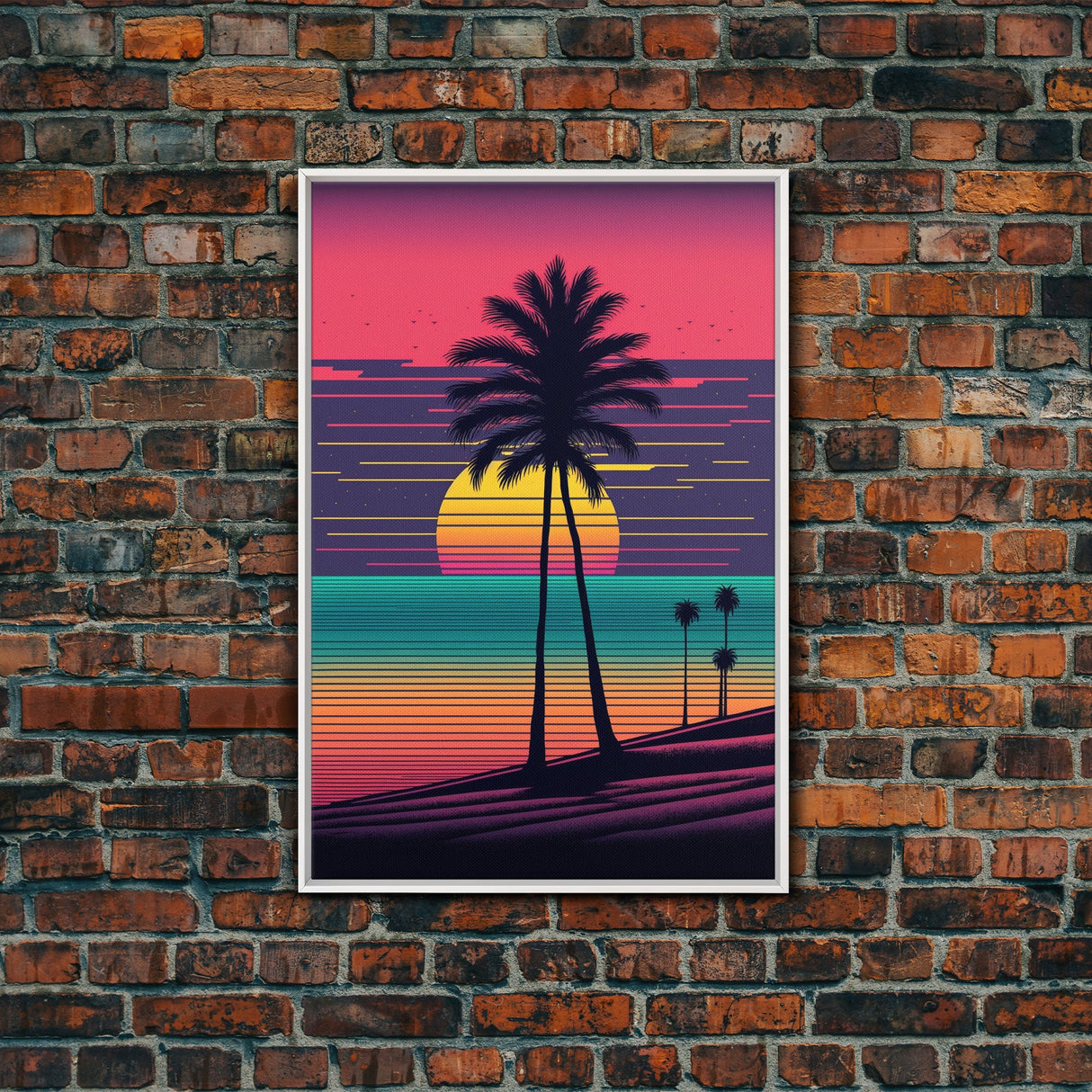 Synthwave Sunset, Retro Office Art, 80s Vibes, Framed Canvas Print, Framed Art, Trendy Wall Hanging