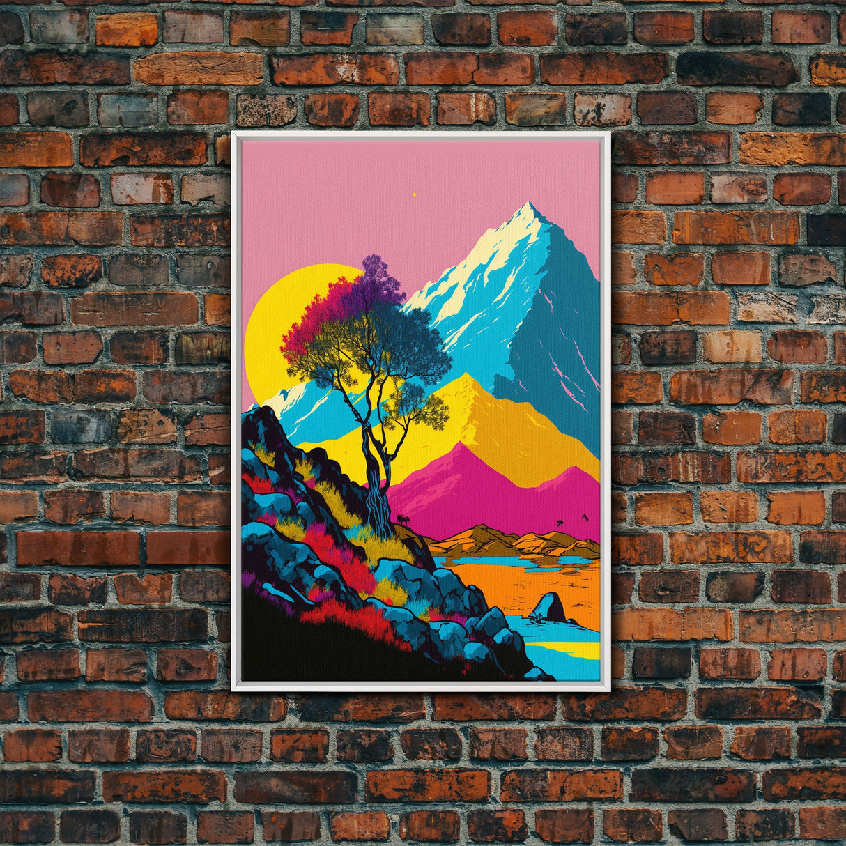 Retro Midcentury Style Wall Art, Framed Canvas Print, Colorful Wall Art, Mountain Landscape, Office Decor, Low Res Art
